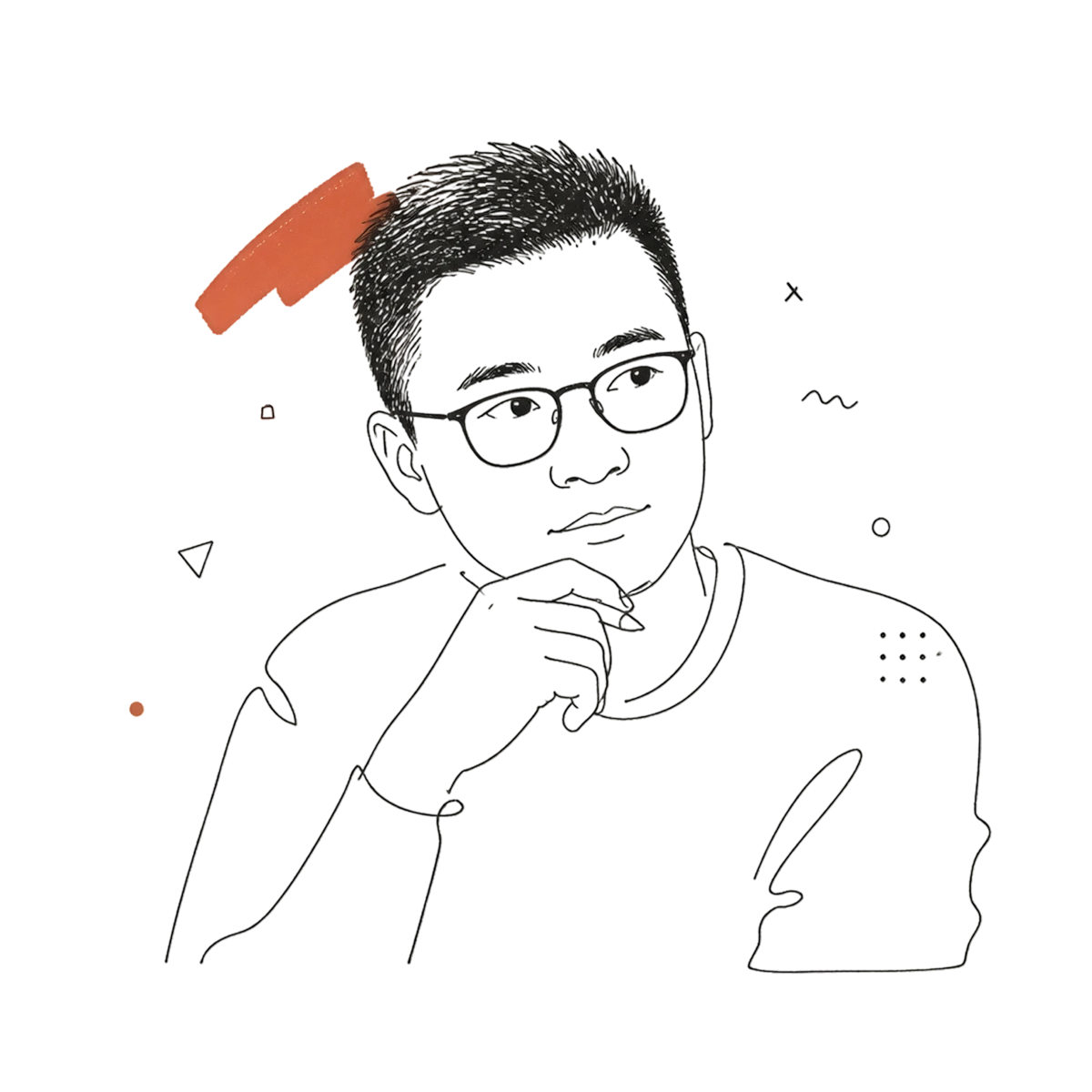A line-art portrait of Zhen Wang, resting his chin on his hand