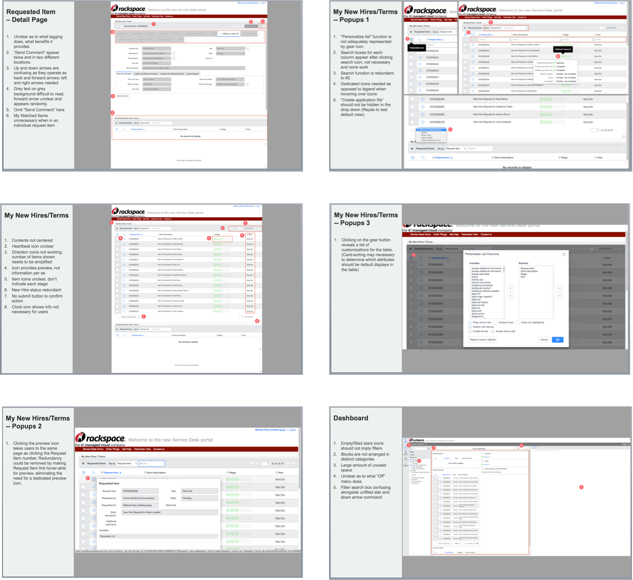 Annotated screenshots from the ServiceNow heuristic evaluation
