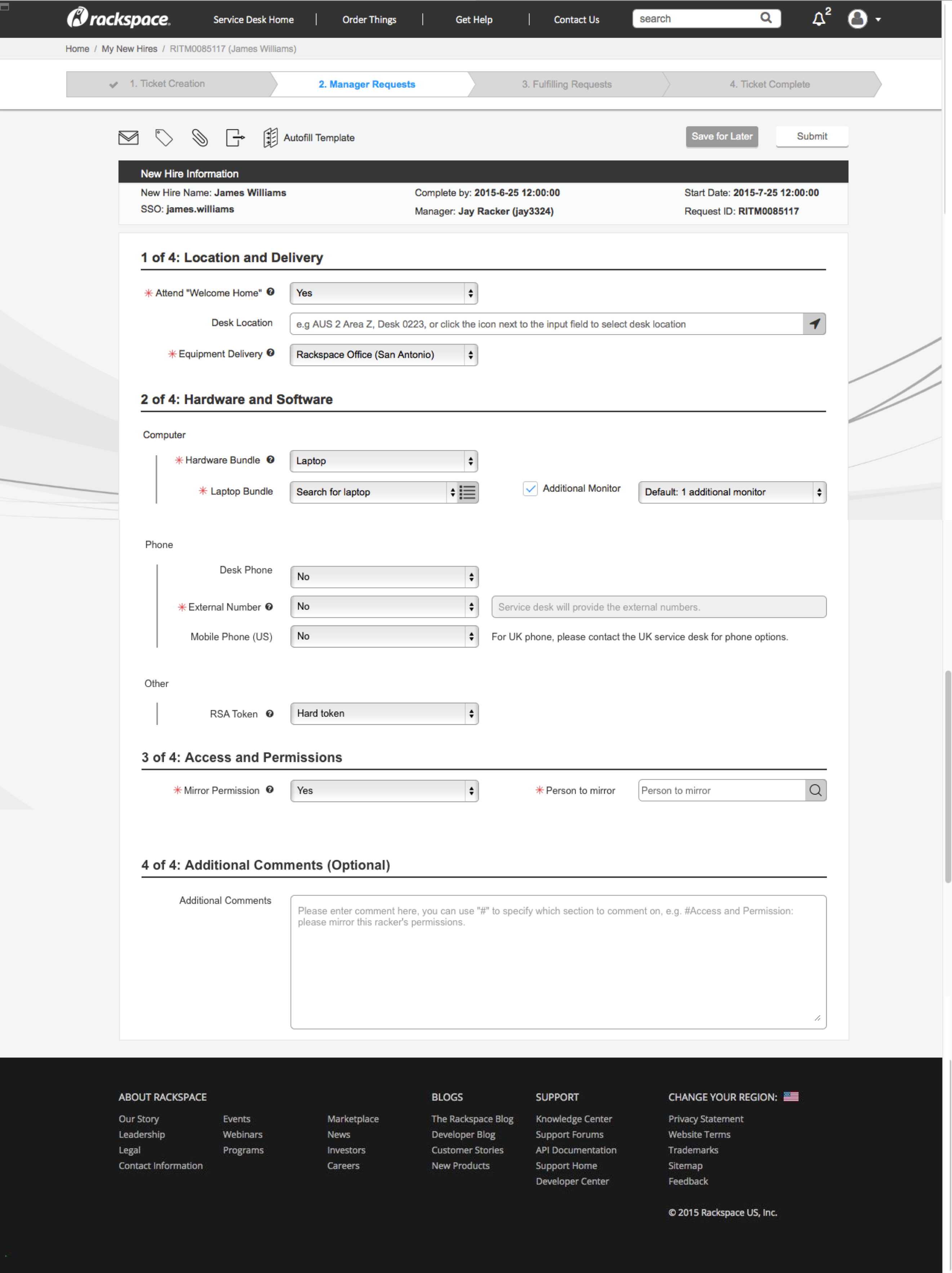 The redesigned ServiceNow new-hire form — a single onboarding request with employee details, role, and provisioning tasks in one flow