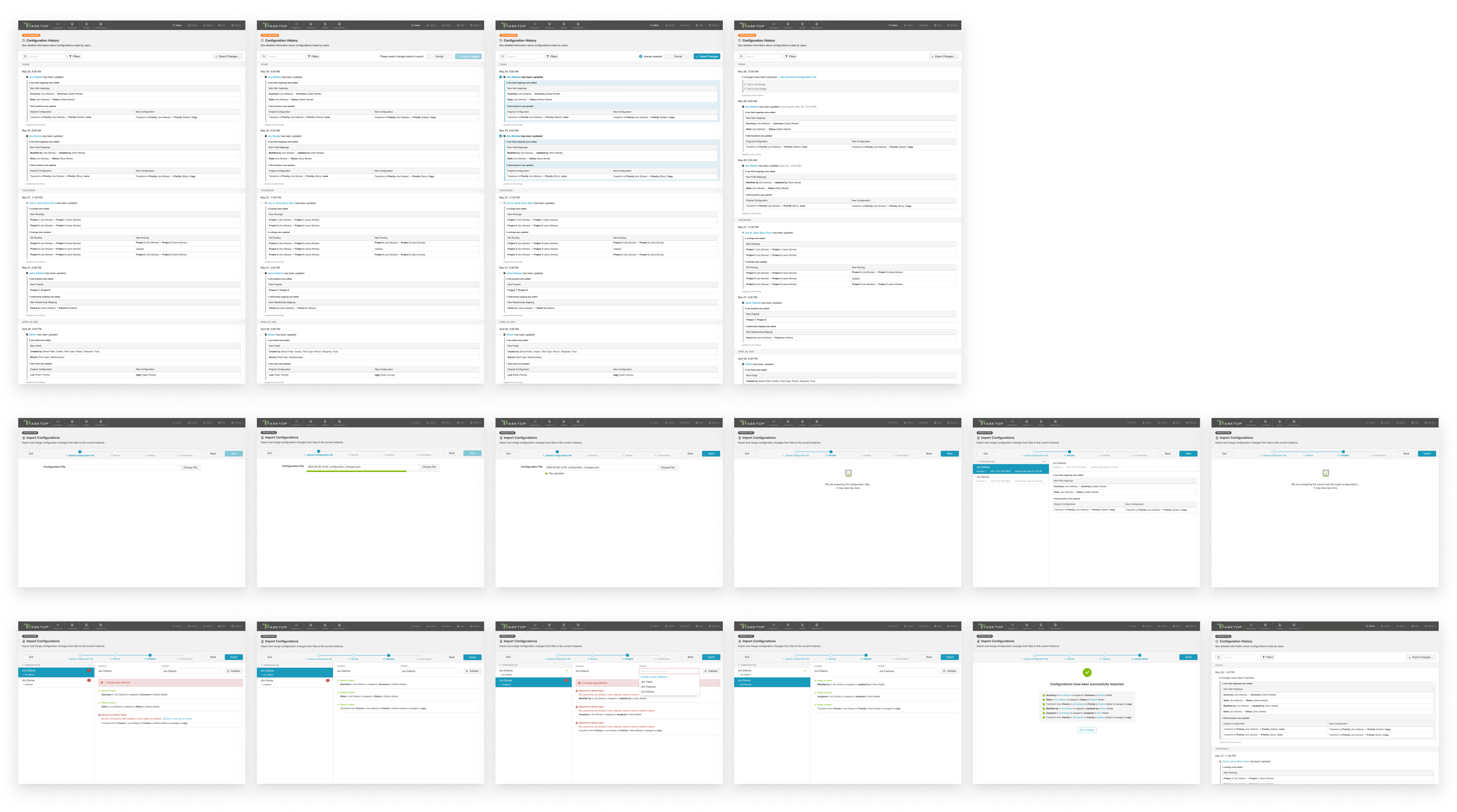 All screens of the Portability of Configurations feature