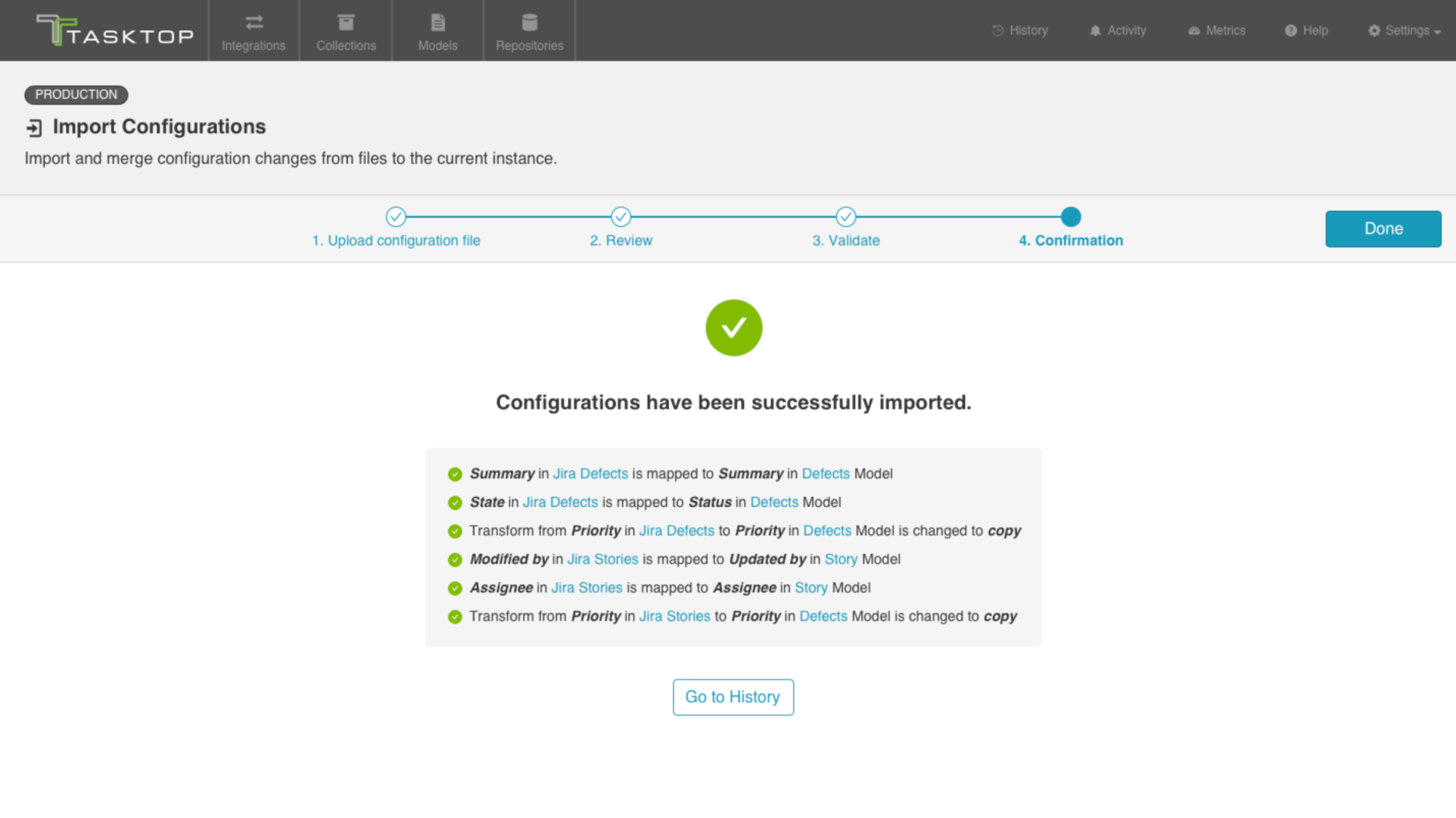 The Import Configurations wizard on its confirmation step — a green check reading “Configurations have been successfully imported,” with the list of field mappings that were merged into the instance