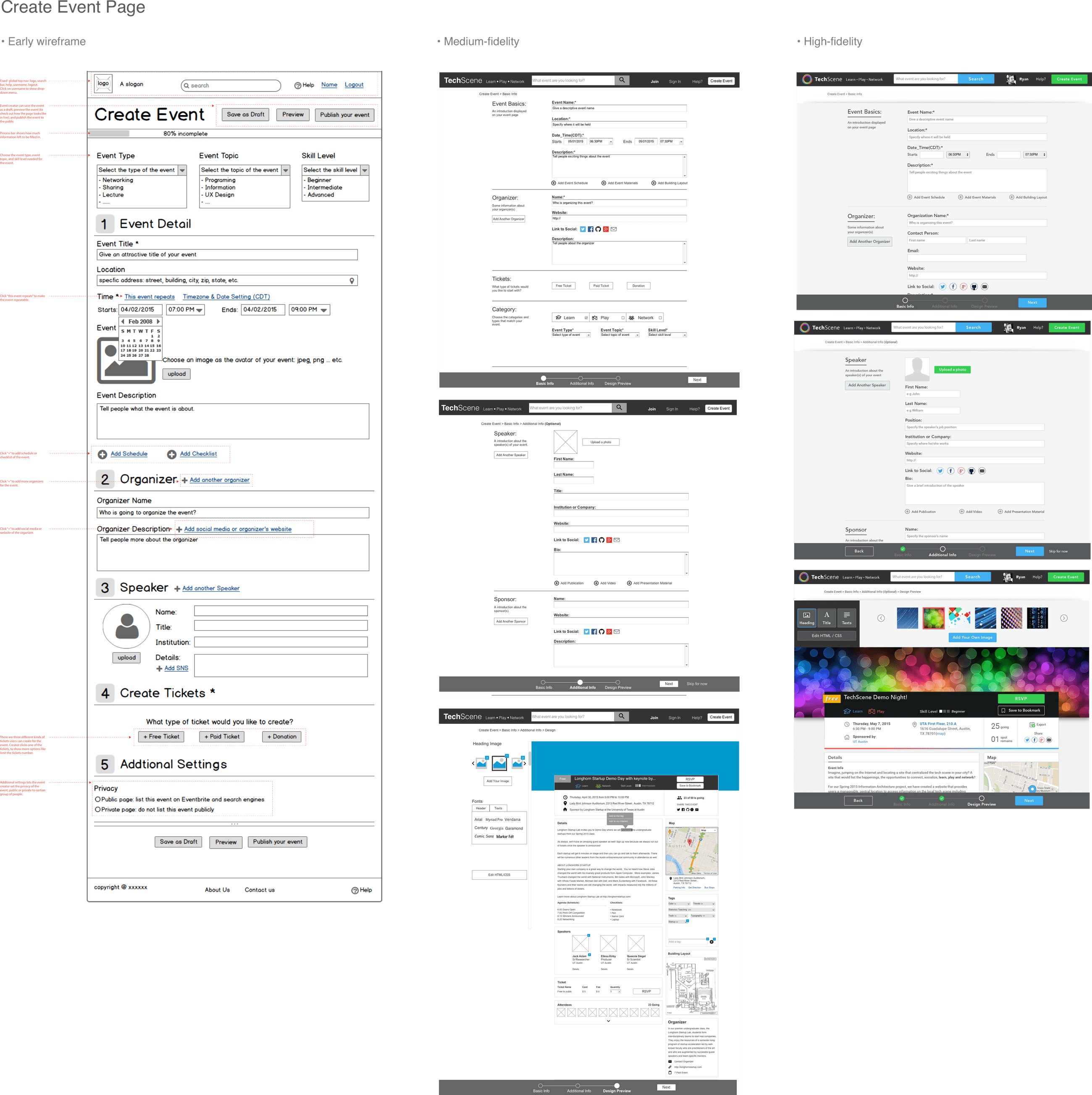 Create-event flow iterations for TechScene, from wireframe to final layout.