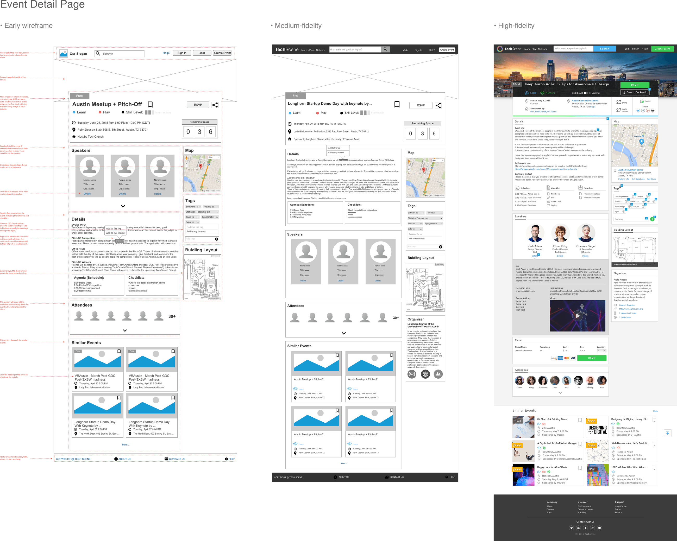 Event-detail page iterations for TechScene, from wireframe to final layout.