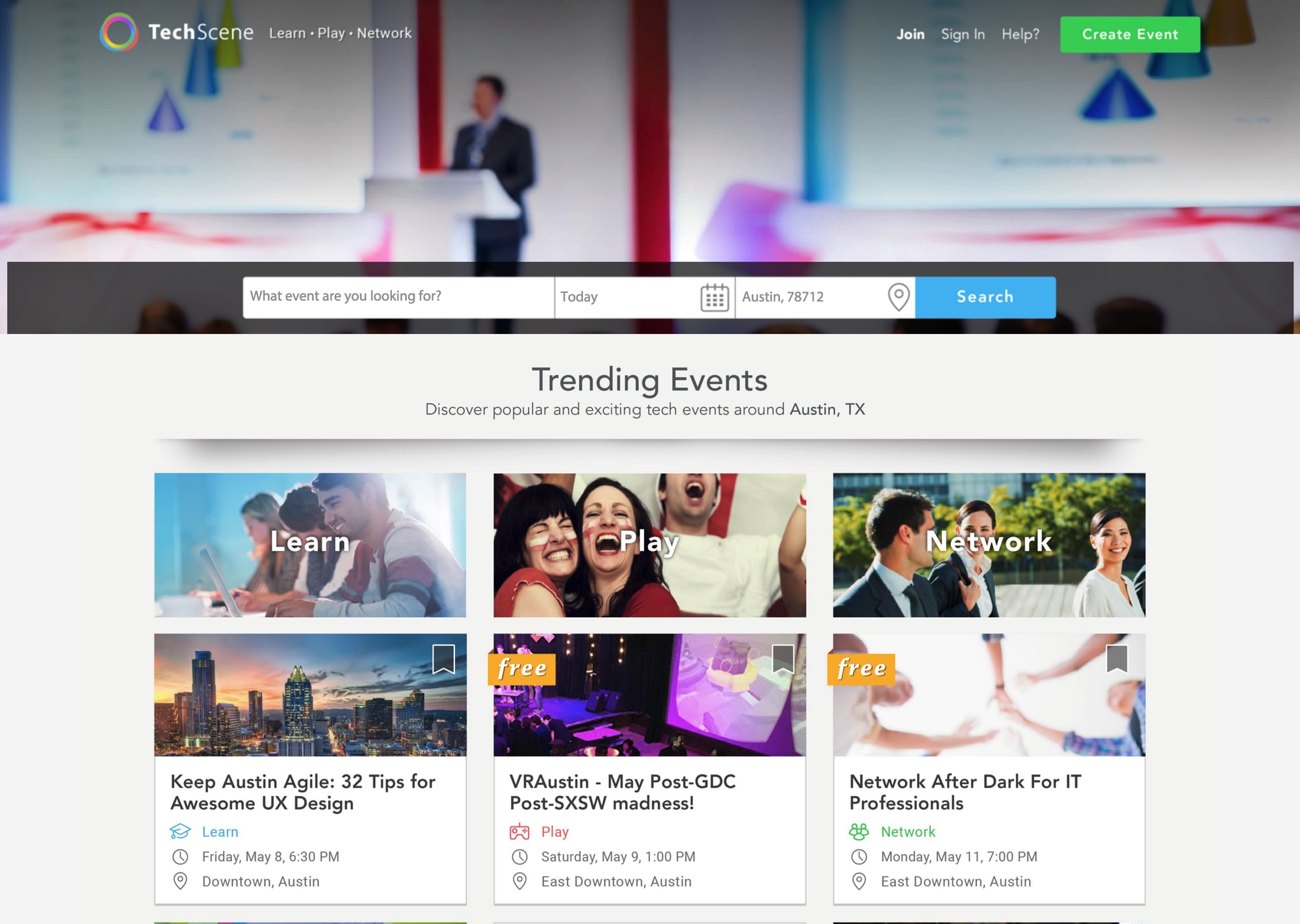 The TechScene homepage — a search bar over a blurred conference photo, then a Trending Events grid of Learn / Play / Network tiles and Austin event cards.