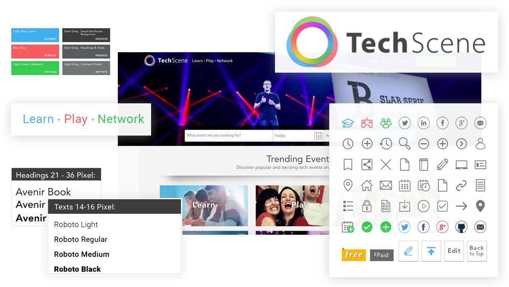 High-fidelity style tile for TechScene showing the color palette, typography, icon set, and layout grid.