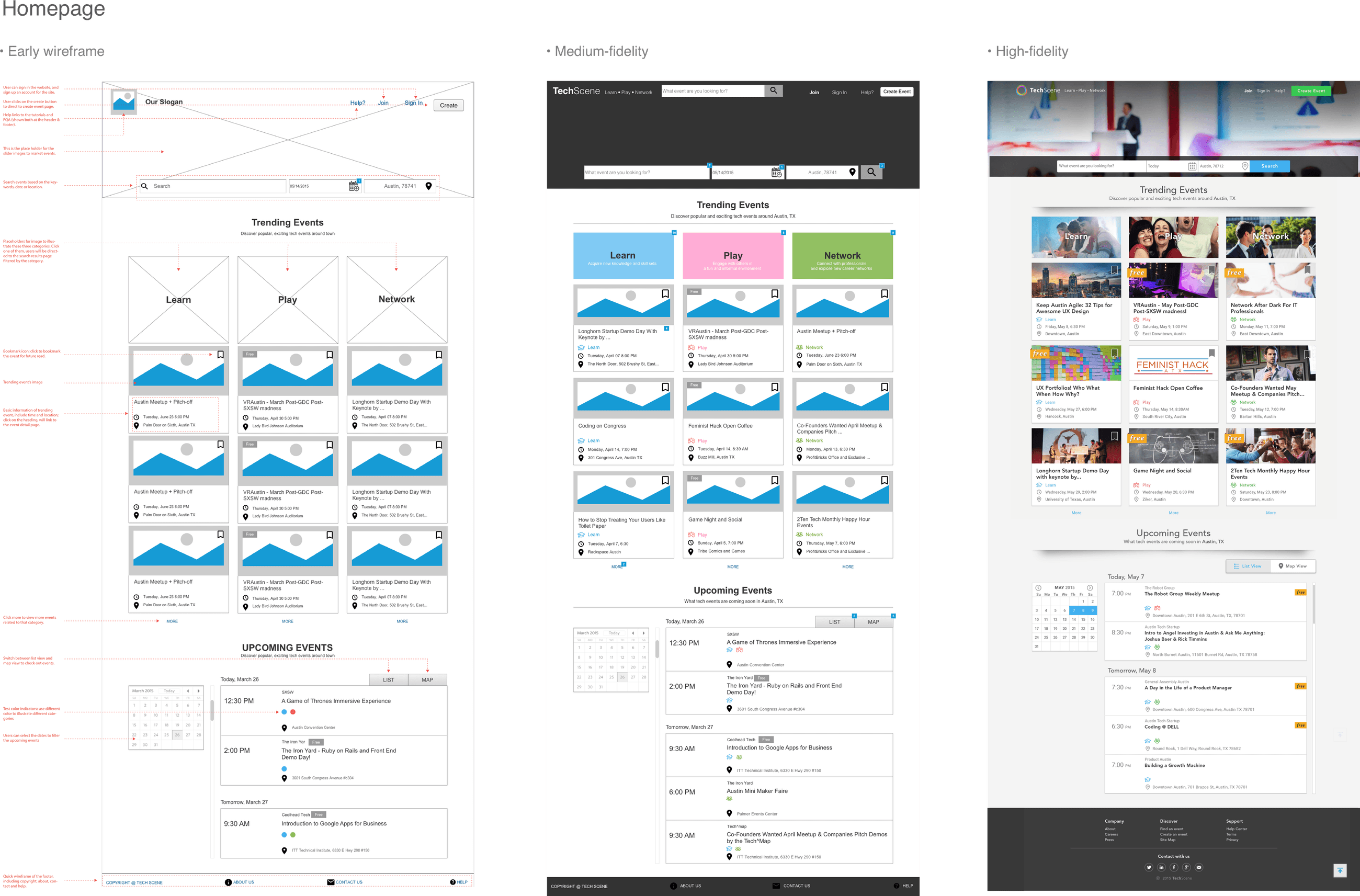 Homepage design iterations for TechScene, from early wireframe to final layout.