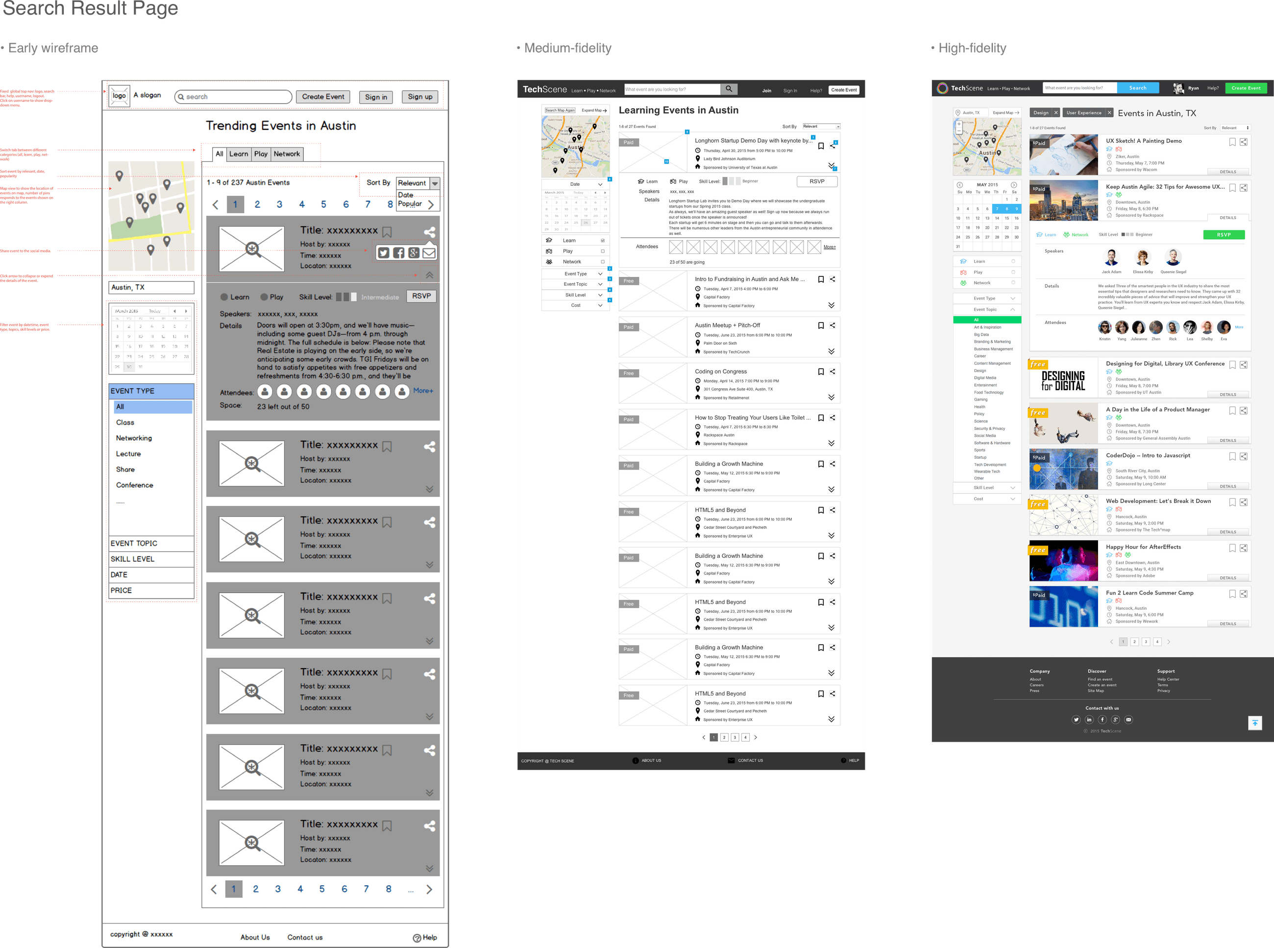 Search-results page iterations for TechScene, from wireframe to final layout.