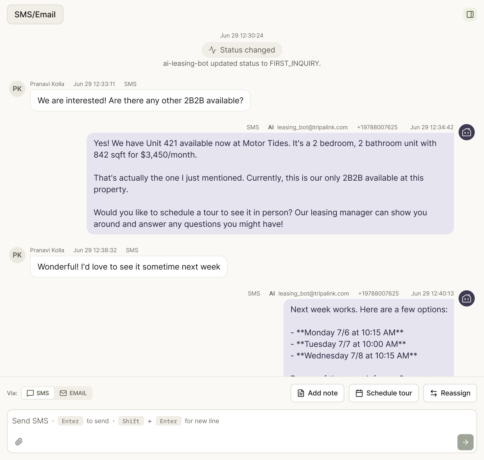 The AI leasing agent answering a prospect over SMS with a specific unit, then offering tour times