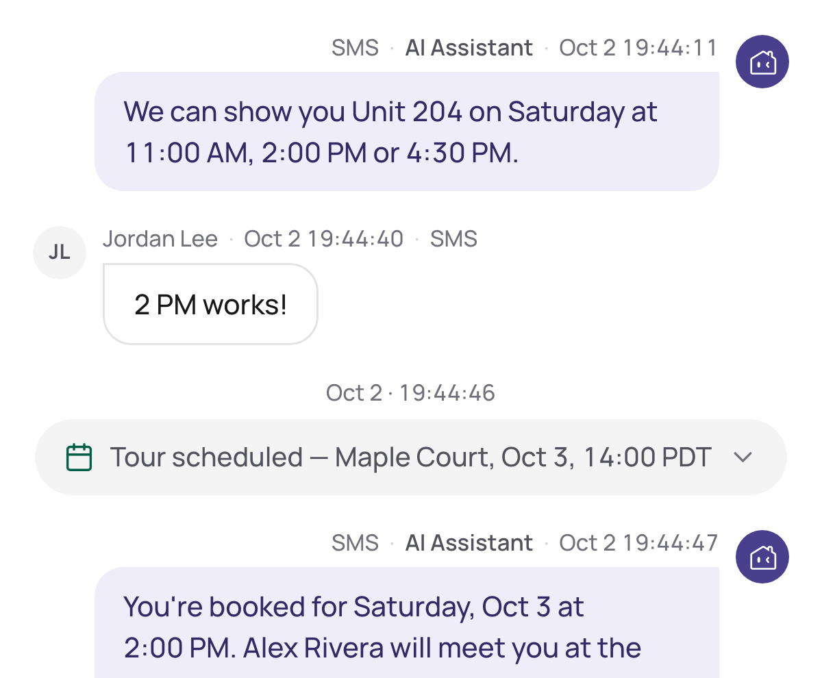 A text conversation where the AI offers tour times and the renter picks 2 PM