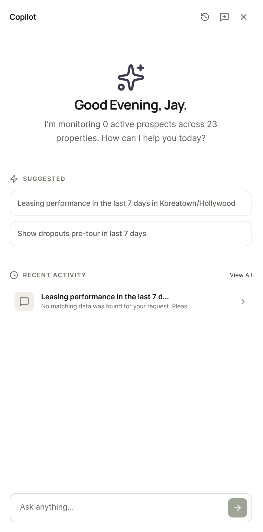 The Copilot panel — a greeting, suggested questions about leasing performance and drop-offs, and an ask-anything box