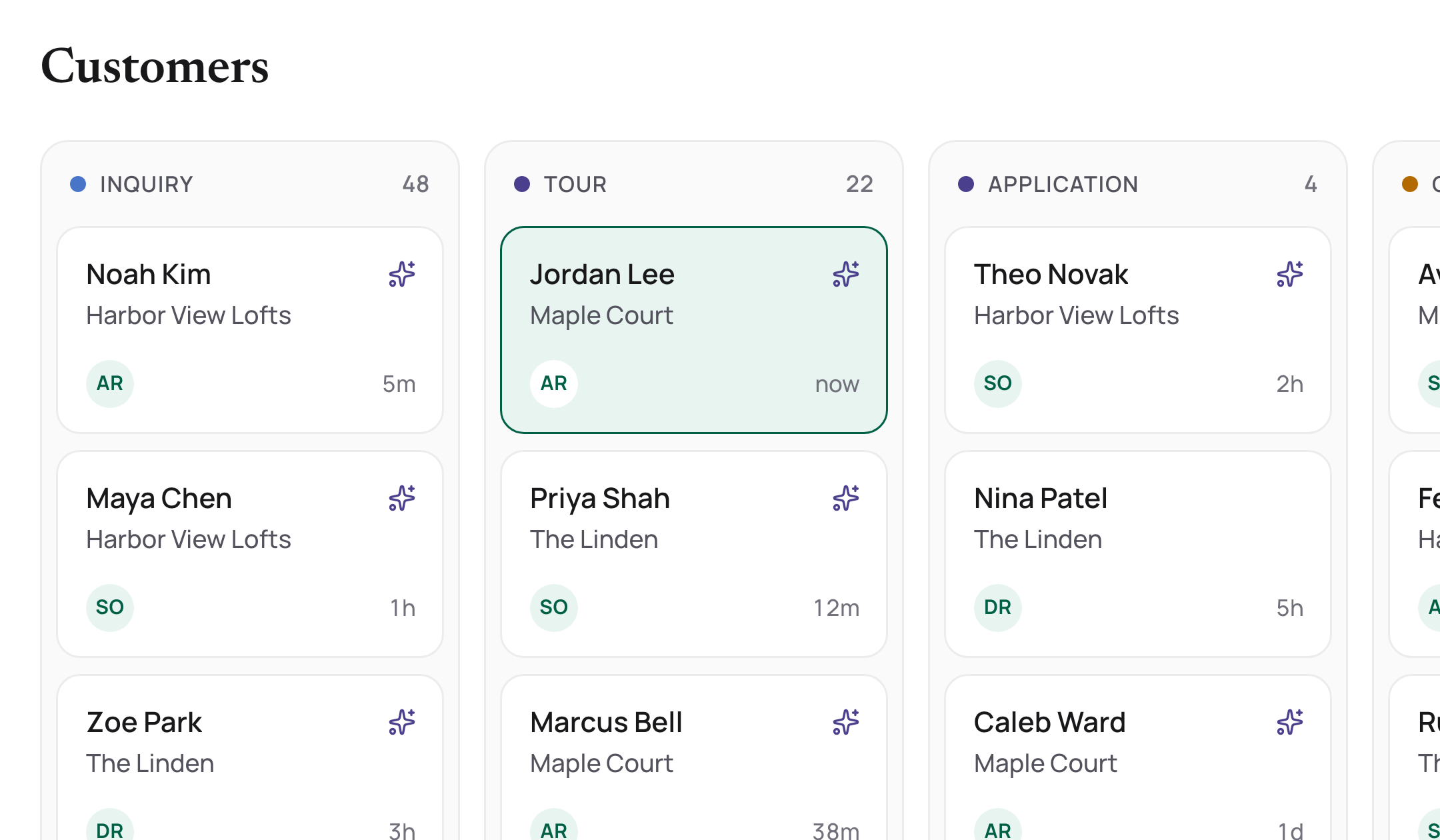 The Customers pipeline with leads in Inquiry and Tour columns