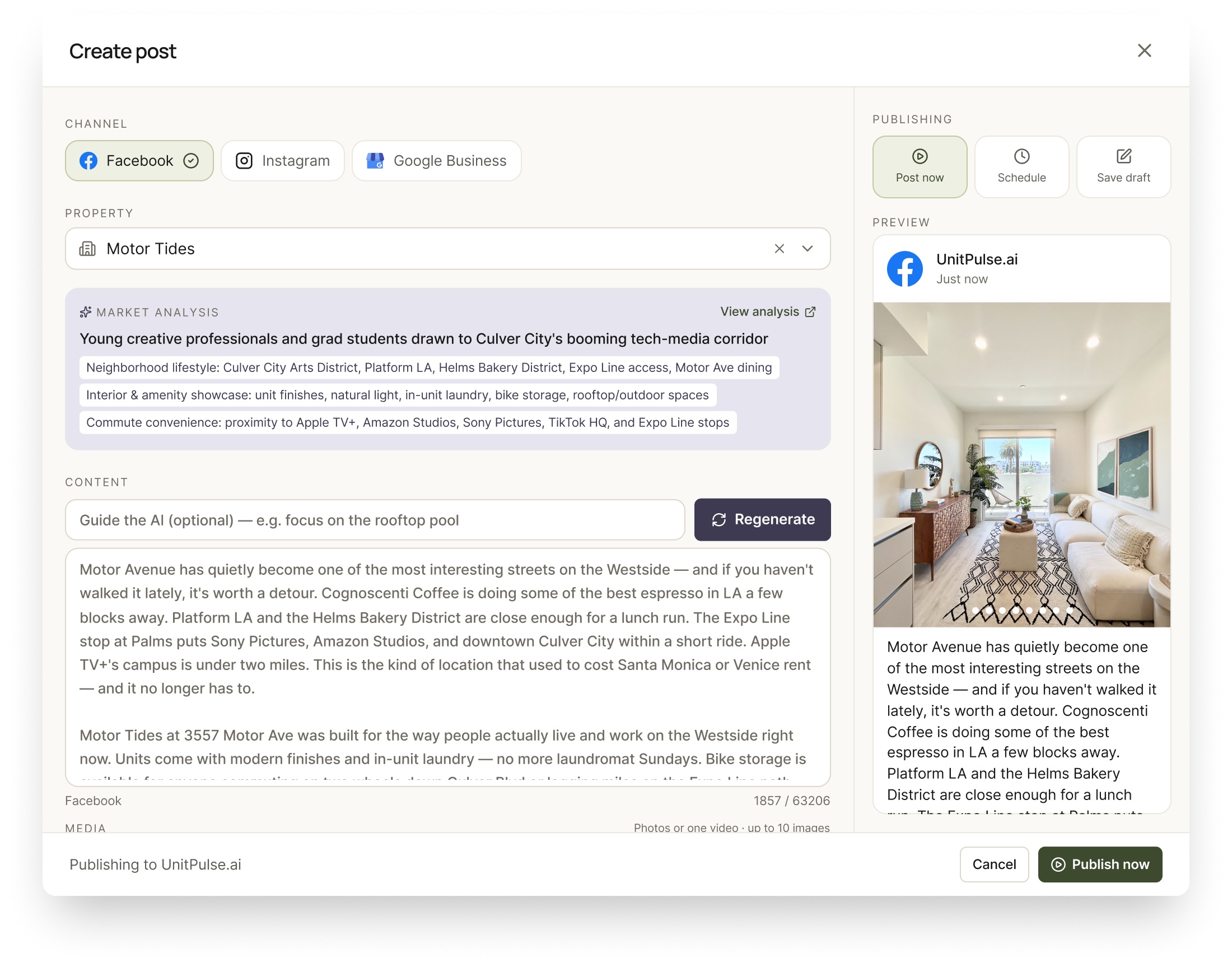 The create-post composer — channel picker, a market-analysis panel, AI-drafted copy, and a live social preview