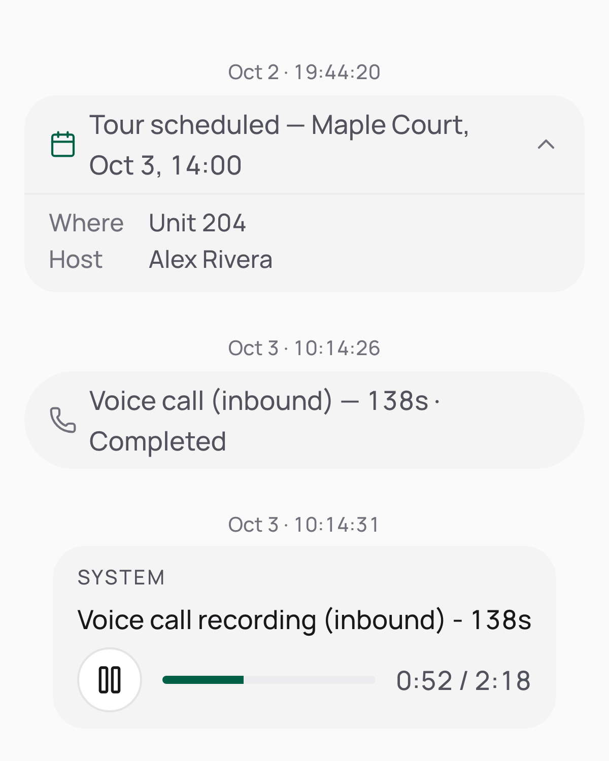 Jordan Lee's timeline: the tour booked on Oct 2 for Unit 204 with Alex Rivera, then Jordan's inbound call on Oct 3, completed, and its recording playing