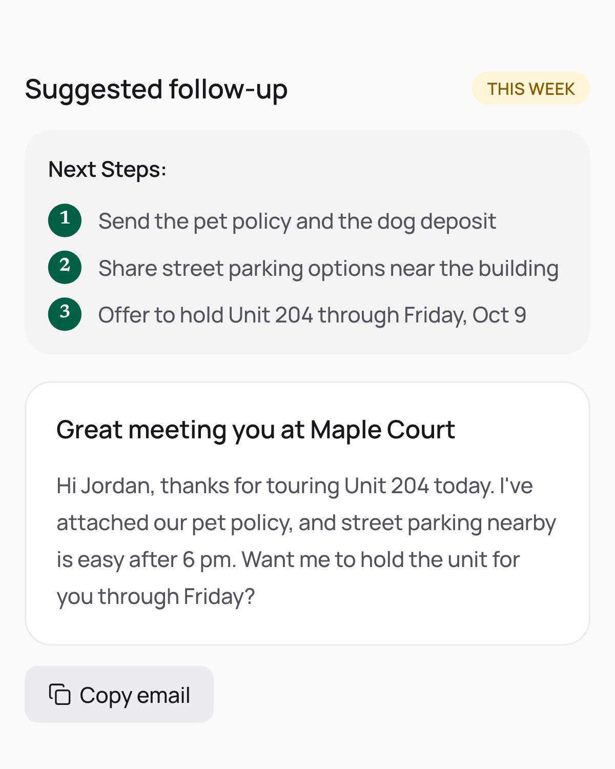 The agents' app suggests a follow-up for this week: send the pet policy and dog deposit, share street parking, hold Unit 204 through Friday, Oct 9, with a drafted email and a Copy email button