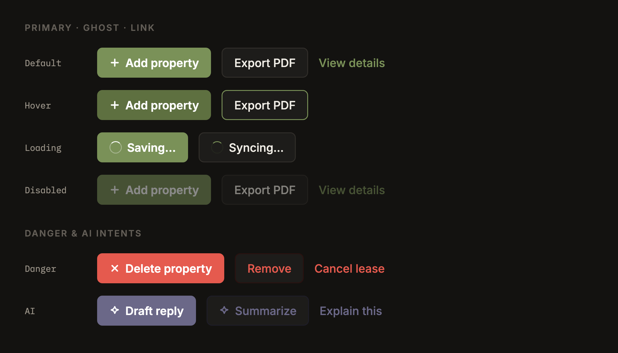 The same button specimens in dark mode — olive brightened for dark surfaces