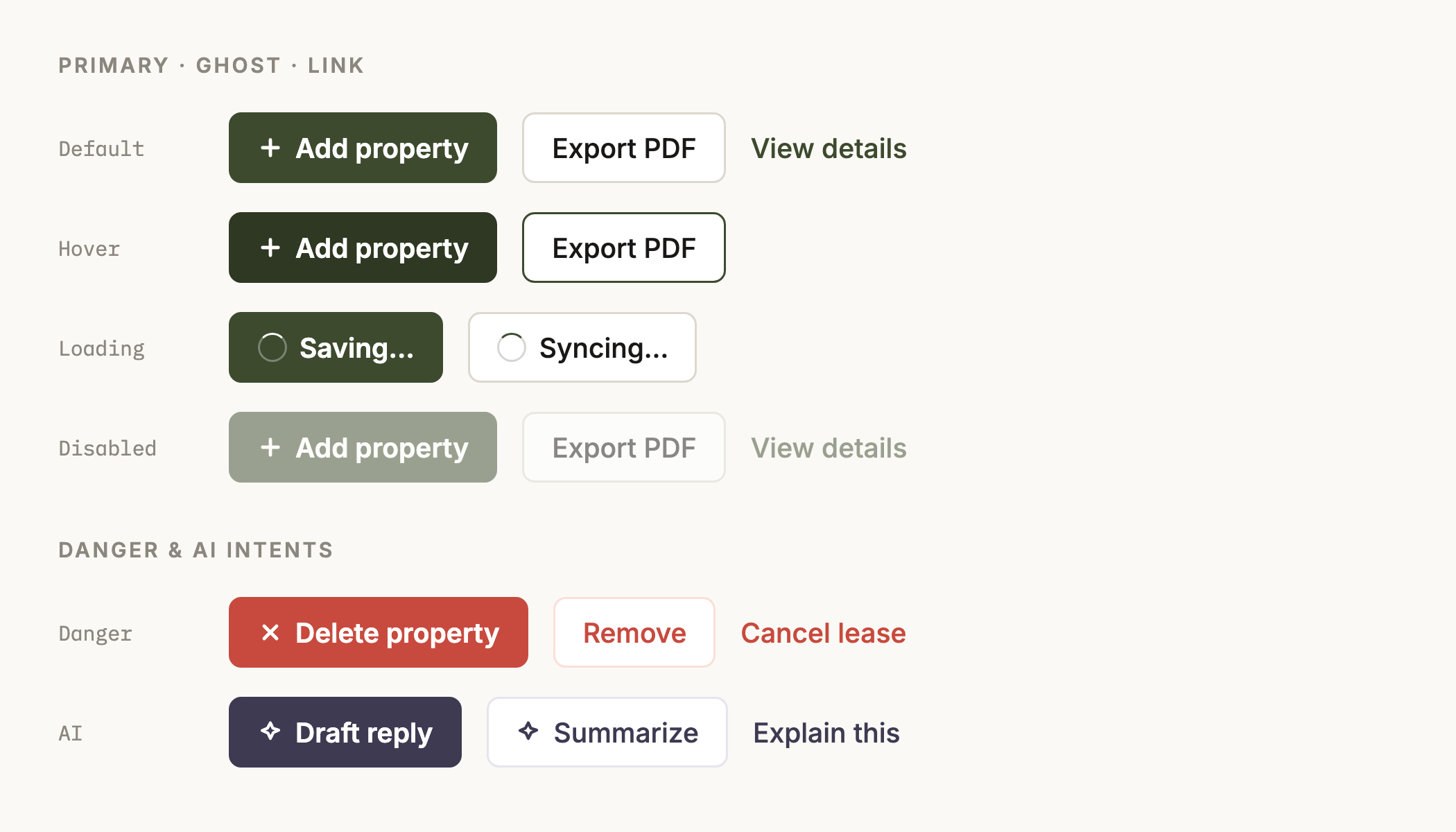 Button specimens — primary (olive fill) and ghost variants across default, hover, focus, and loading states