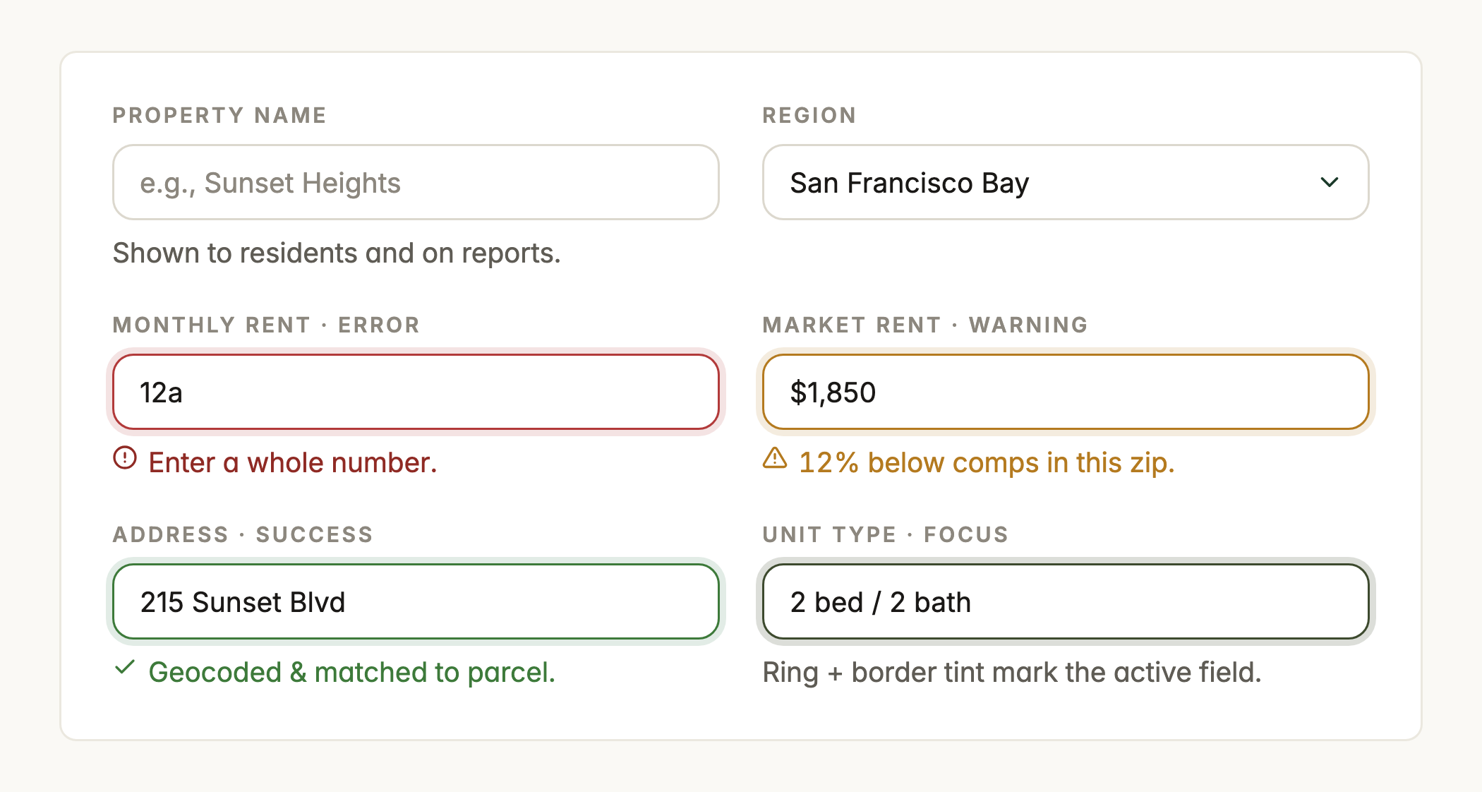 Form specimens — inputs and selects across default, error, warning, success, and focus states