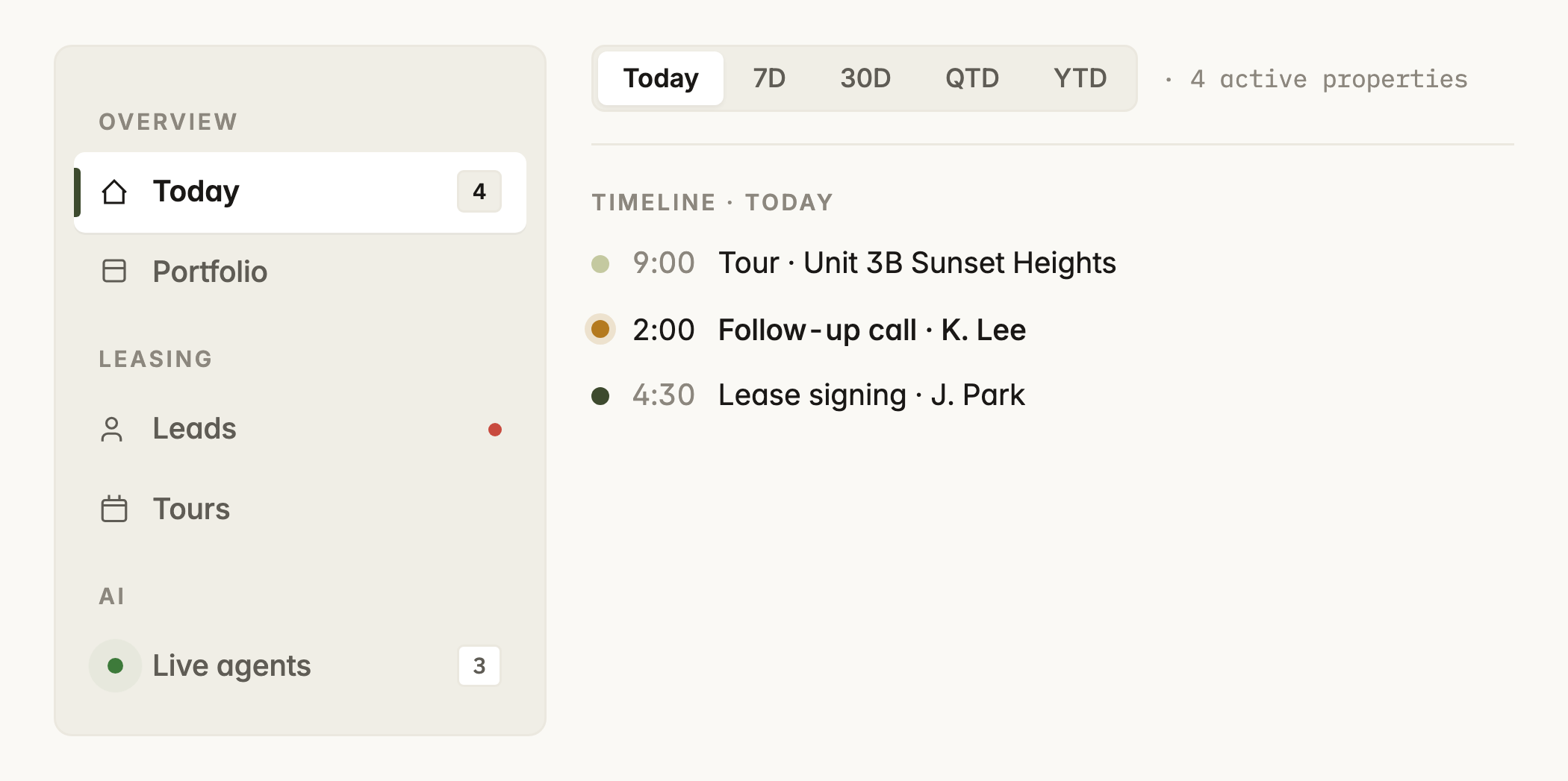 Sidebar navigation and segmented control — the active item is ink, not green