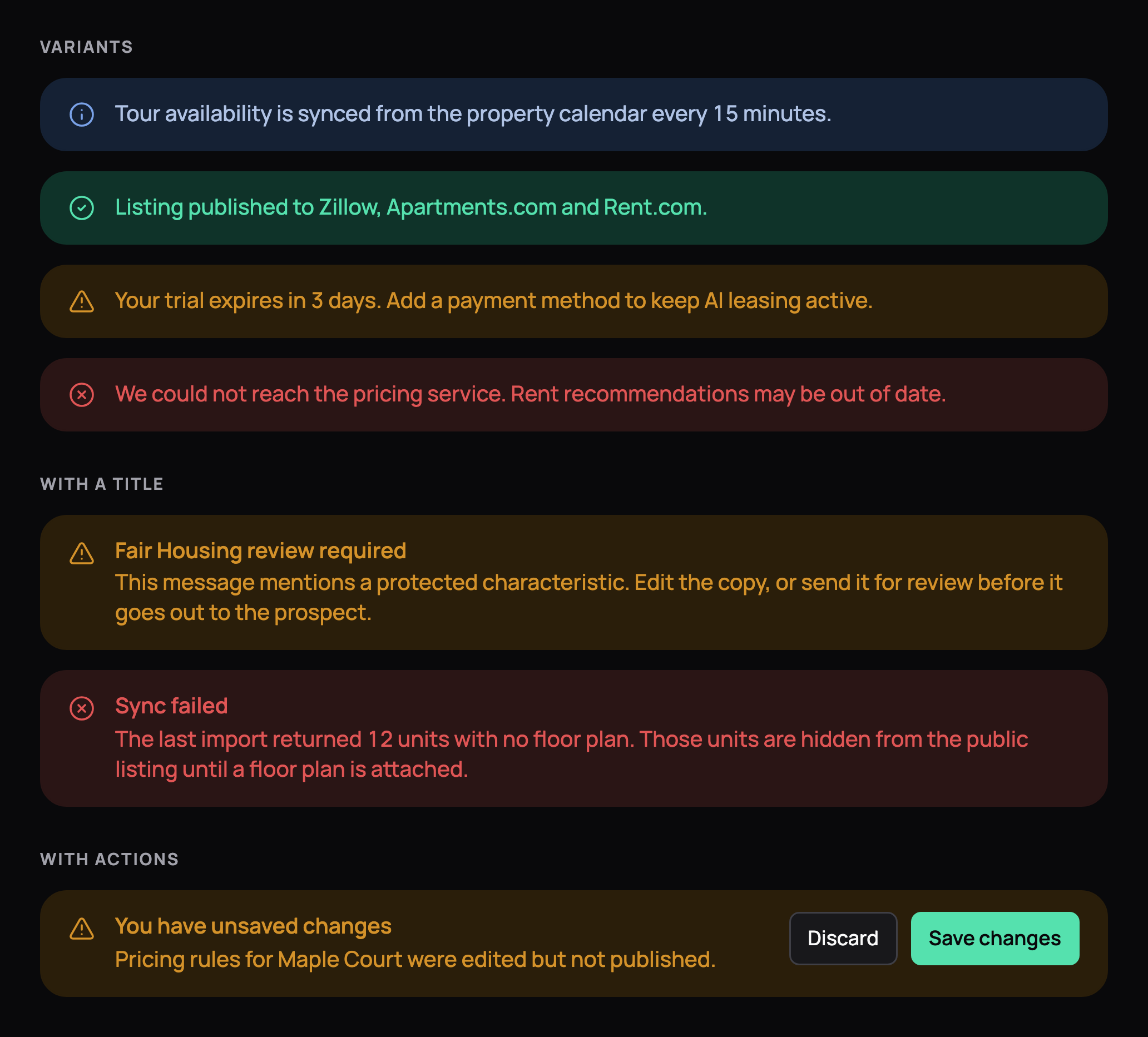 Inline alerts in info, success, warning and error tones, titled warning and error alerts, and an unsaved-changes bar with Discard and Save changes, in dark mode
