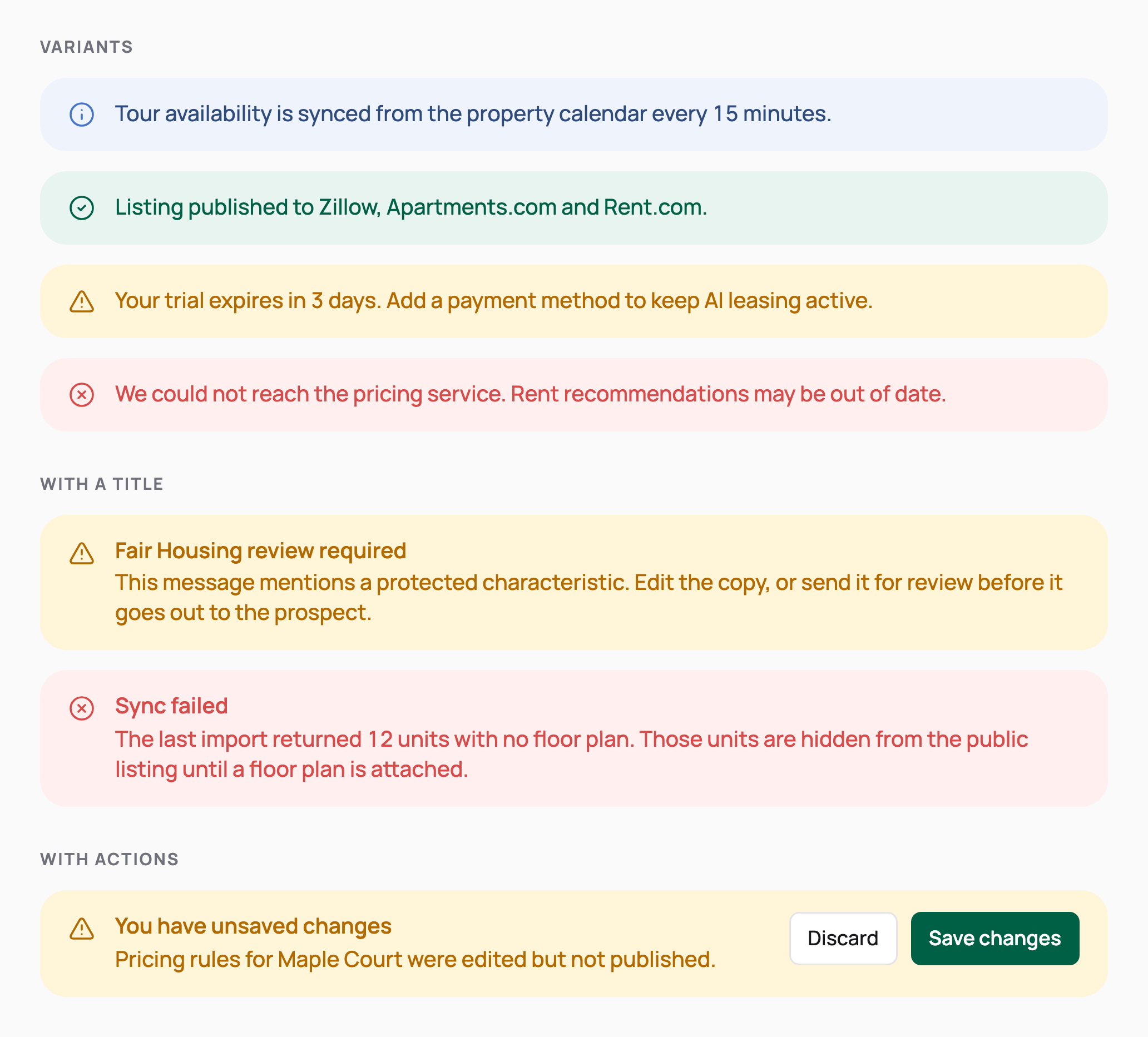 Inline alerts in info, success, warning and error tones, titled warning and error alerts, and an unsaved-changes bar with Discard and Save changes.