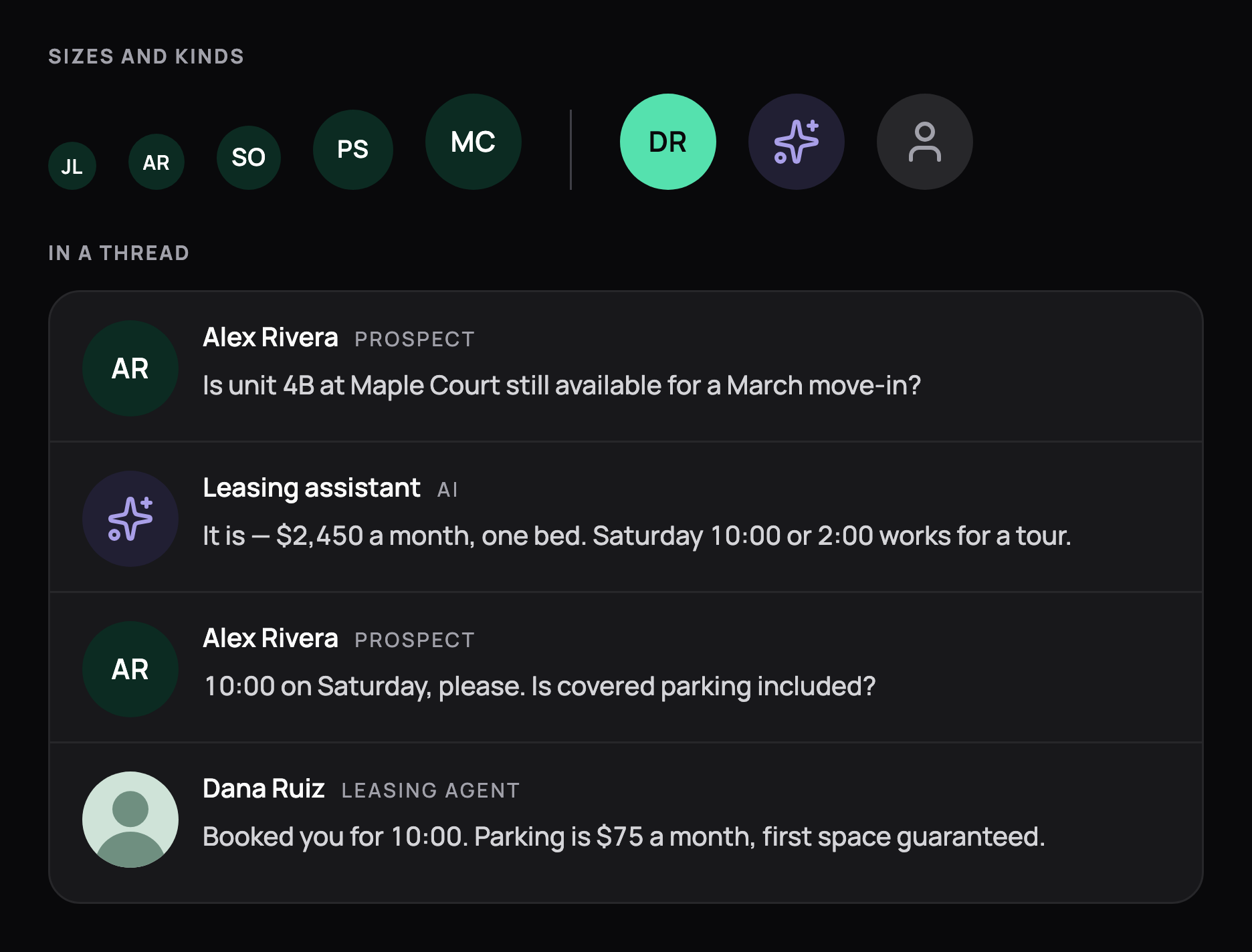 Avatars in 5 sizes, the signed-in accent, the AI mark and an unknown caller, plus a message thread pairing prospect, assistant and leasing agent, in dark mode