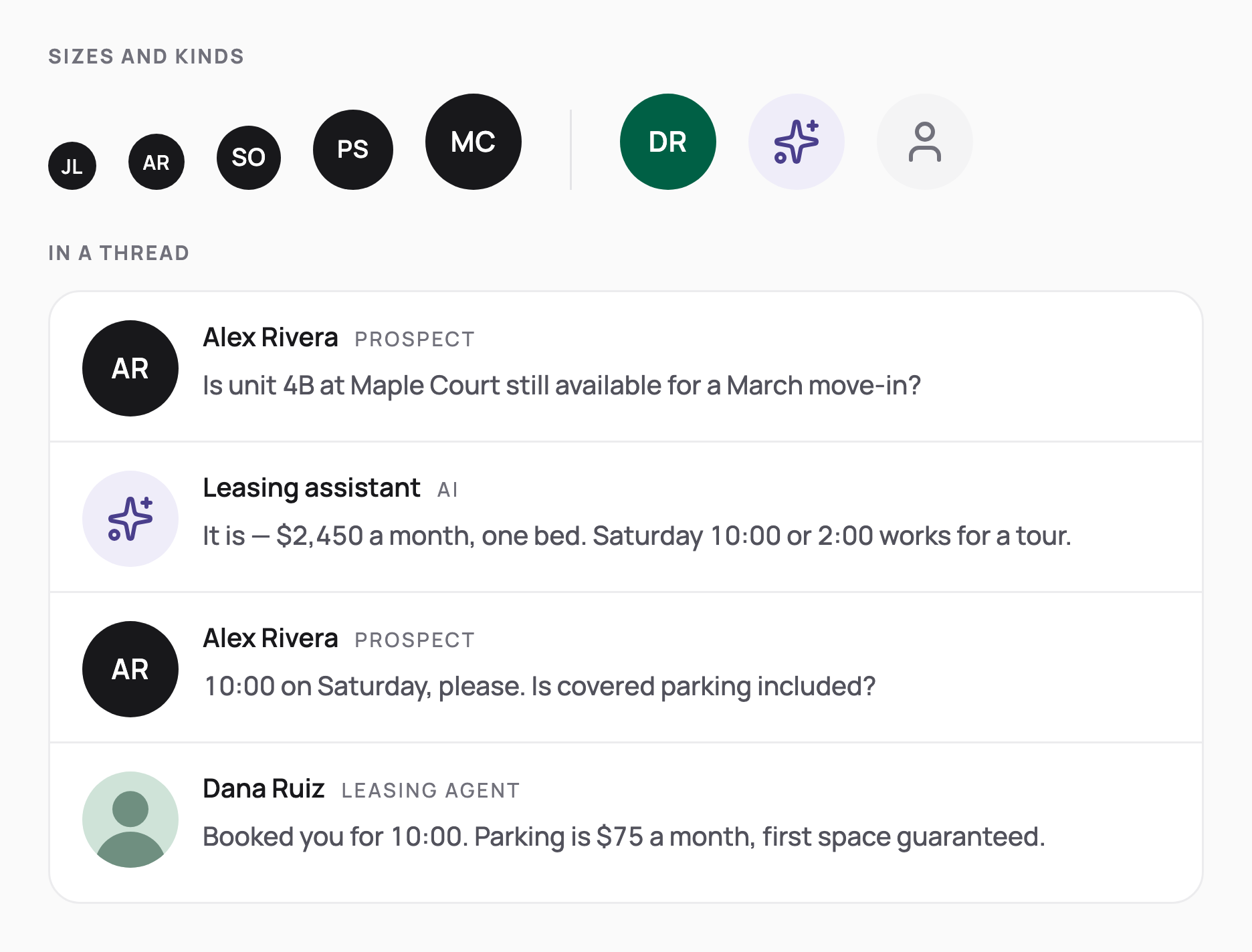 Avatars in 5 sizes, the signed-in accent, the AI mark and an unknown caller, plus a message thread pairing prospect, assistant and leasing agent.
