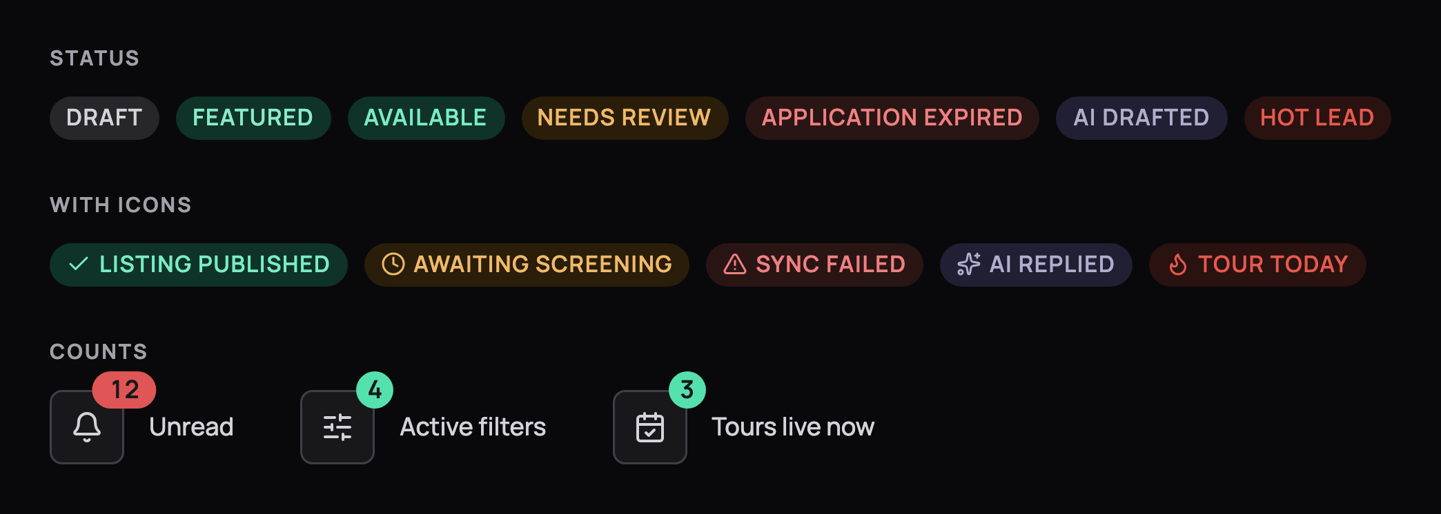 Status badges in neutral, brand, success, warning, alert, AI and hot tones, badges with icons, and count bubbles on icon buttons, in dark mode