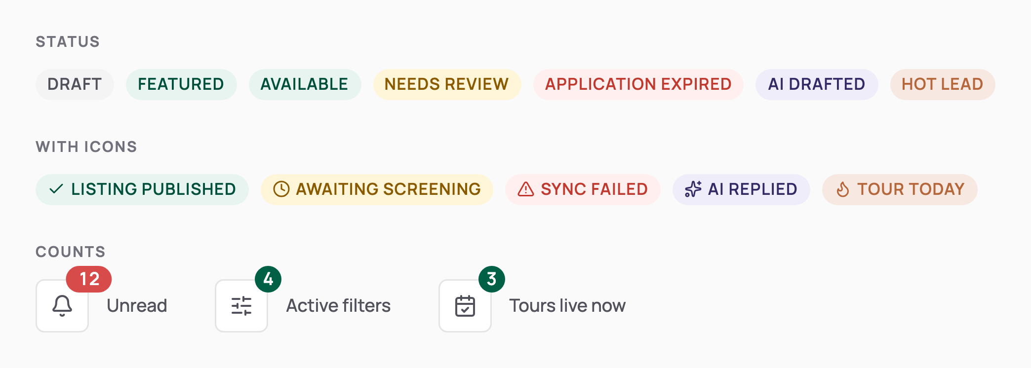 Status badges in neutral, brand, success, warning, alert, AI and hot tones, badges with icons, and count bubbles on icon buttons.