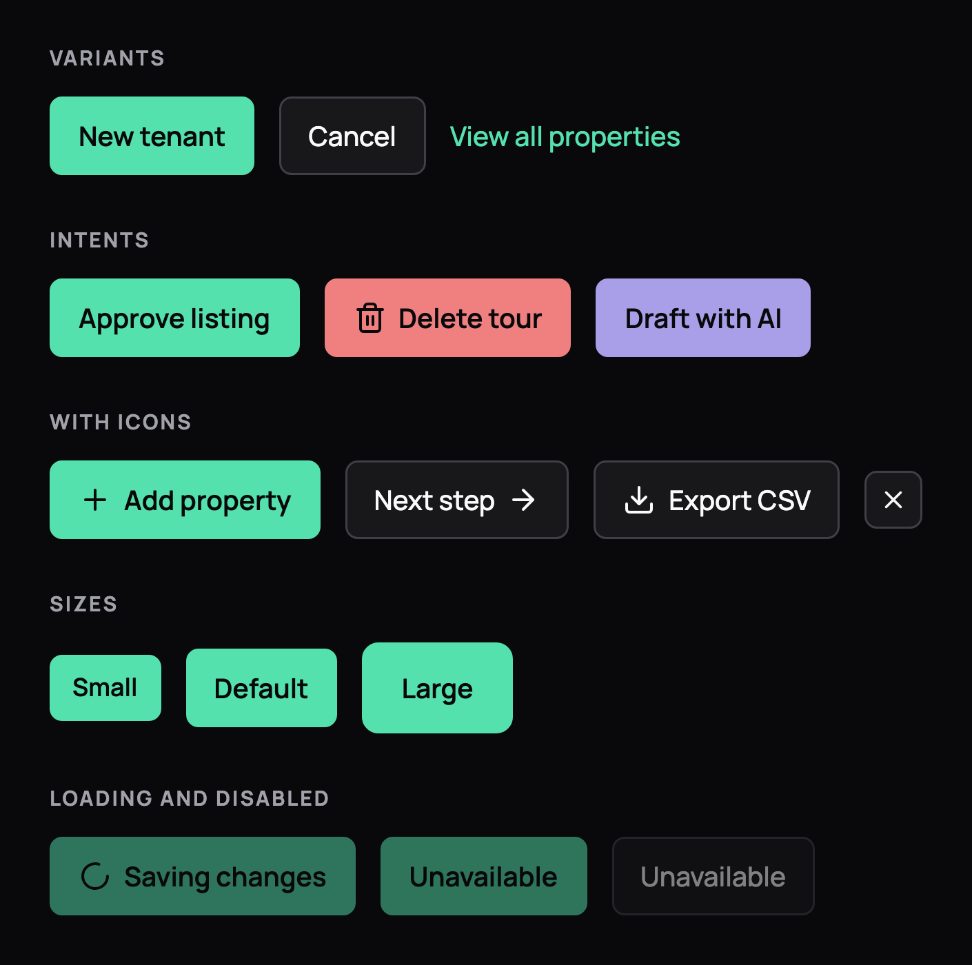 Buttons: primary, ghost and link variants; default, danger and AI intents; icon buttons; 3 sizes; loading and disabled states, in dark mode