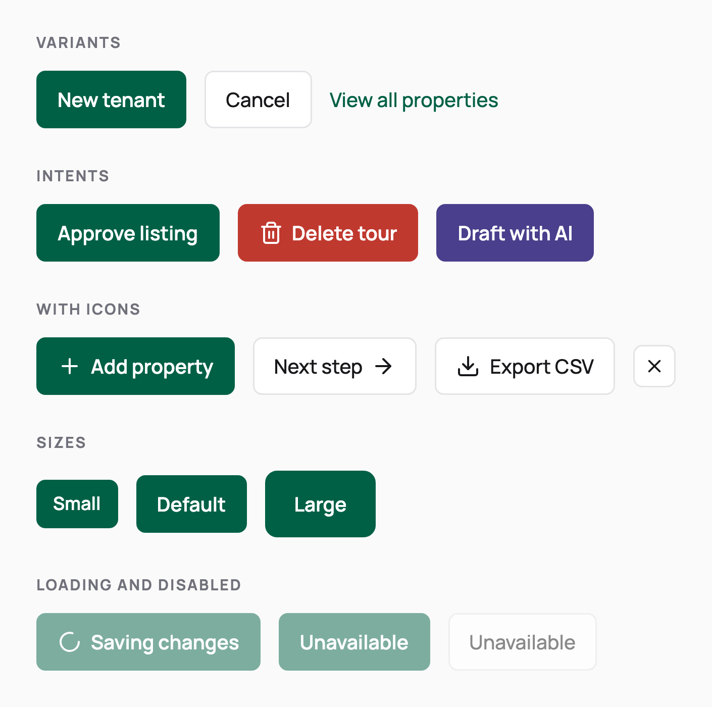 Buttons: primary, ghost and link variants; default, danger and AI intents; icon buttons; 3 sizes; loading and disabled states.