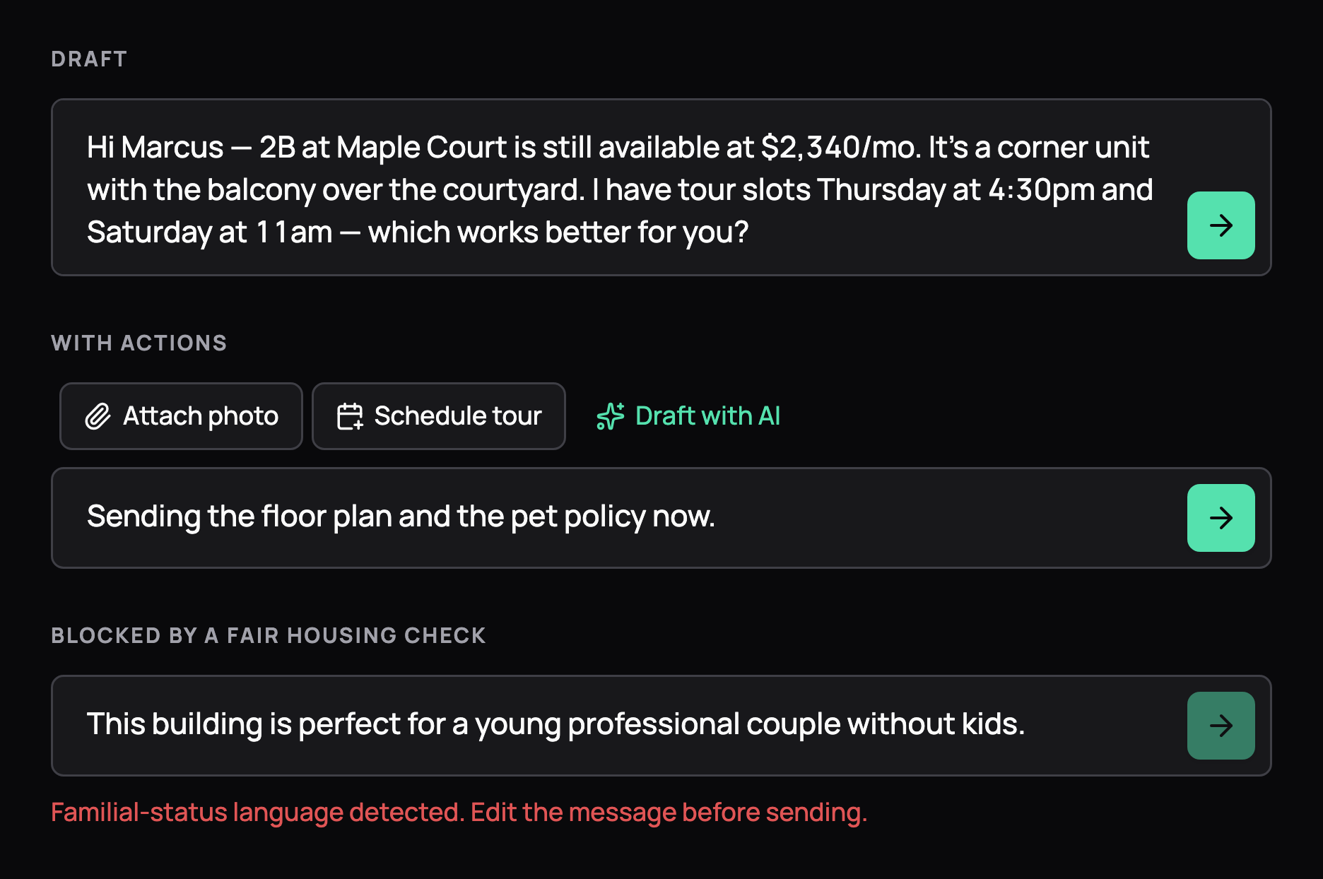 Message composer states: a drafted reply with a send button, quick actions to attach a photo, schedule a tour or draft with AI, and a send blocked by a Fair Housing check, in dark mode