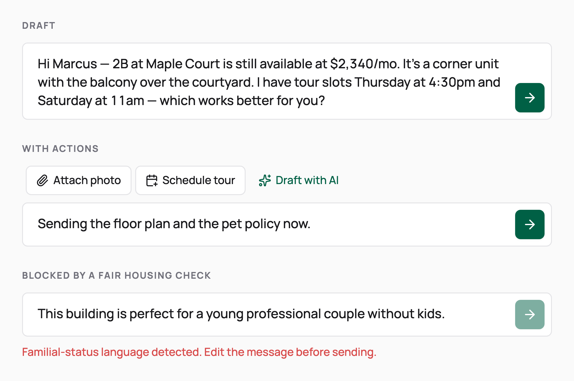 Message composer states: a drafted reply with a send button, quick actions to attach a photo, schedule a tour or draft with AI, and a send blocked by a Fair Housing check.