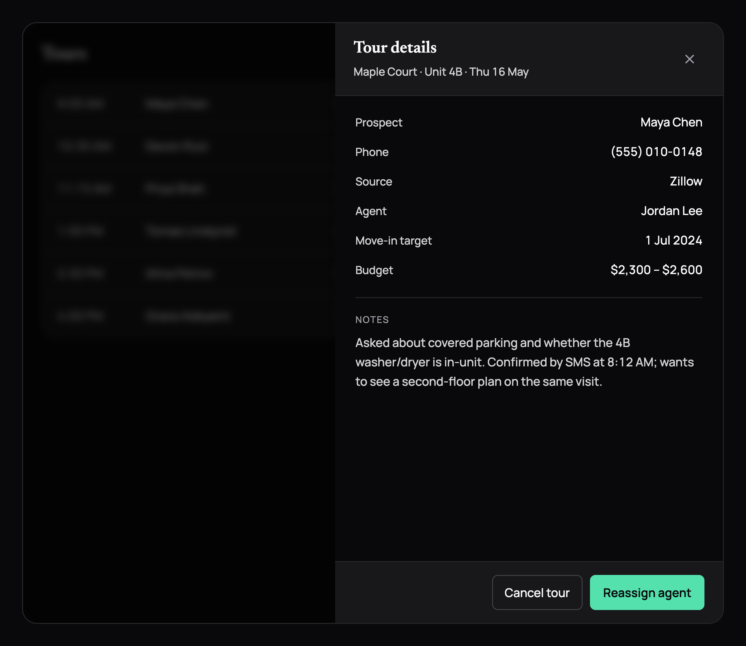 A tour details drawer over a dimmed tour list: prospect, phone, source, agent, move-in target, budget and notes, with Cancel tour and Reassign agent, in dark mode