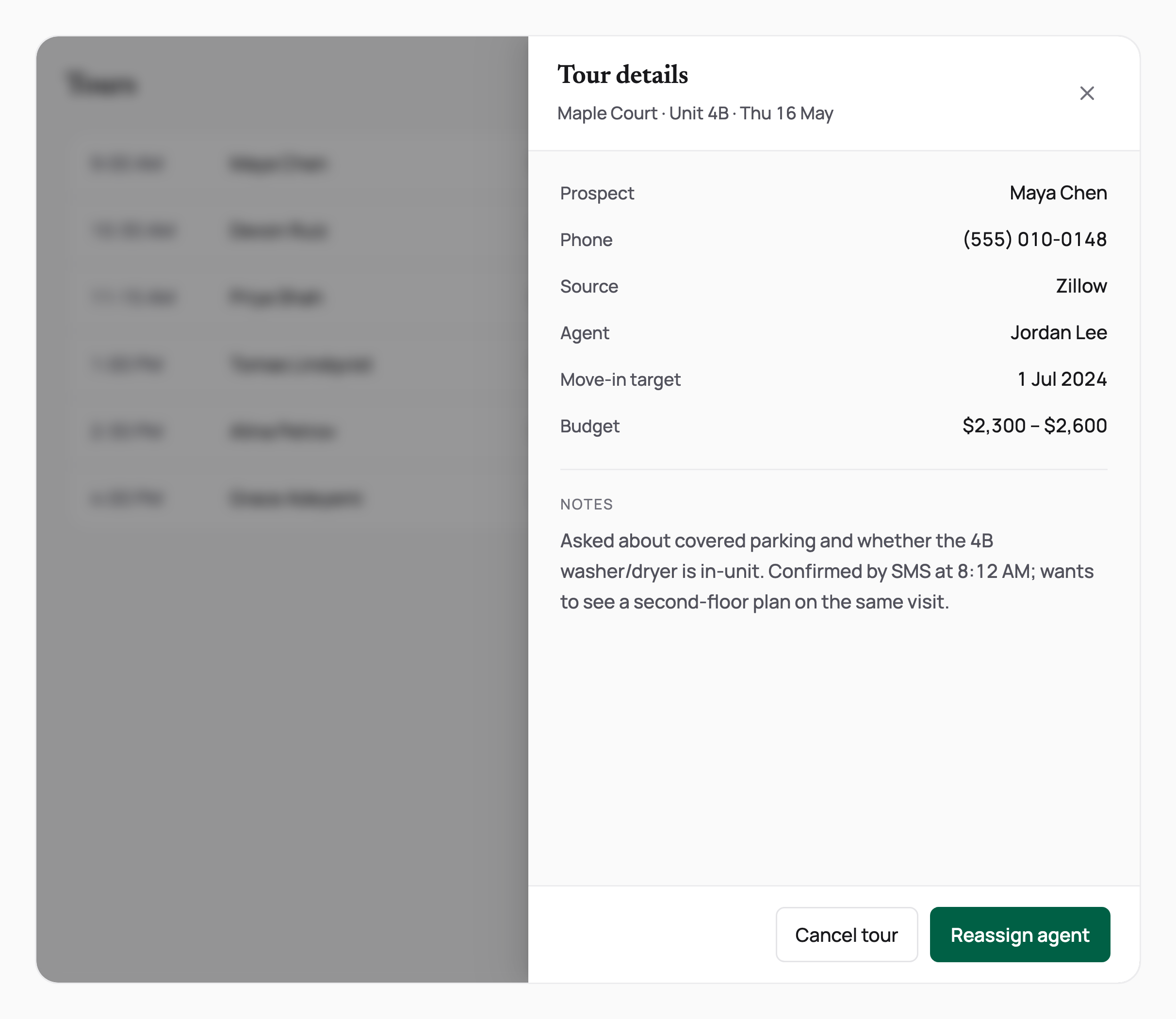 A tour details drawer over a dimmed tour list: prospect, phone, source, agent, move-in target, budget and notes, with Cancel tour and Reassign agent.