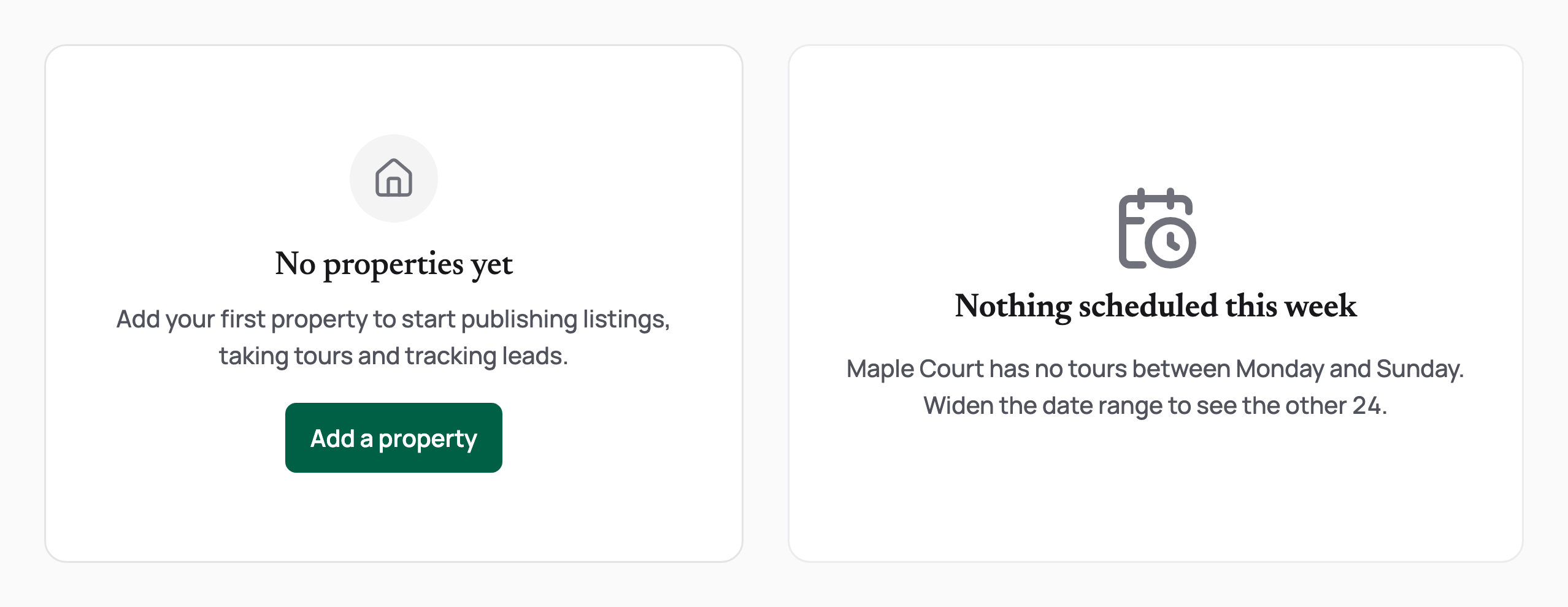 Empty states: no properties yet with an Add a property button, and an empty week in a table frame.