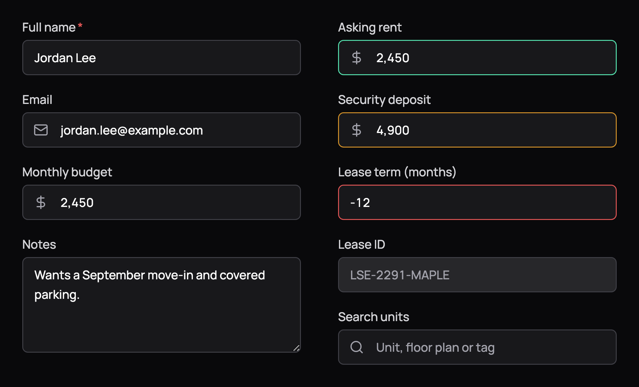 Text fields with labels: required name, email and budget with leading icons, a notes textarea, and success, warning, error, disabled and placeholder states, in dark mode