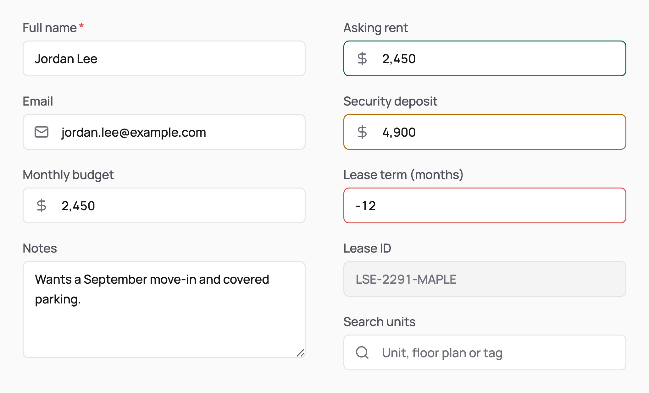 Text fields with labels: required name, email and budget with leading icons, a notes textarea, and success, warning, error, disabled and placeholder states.