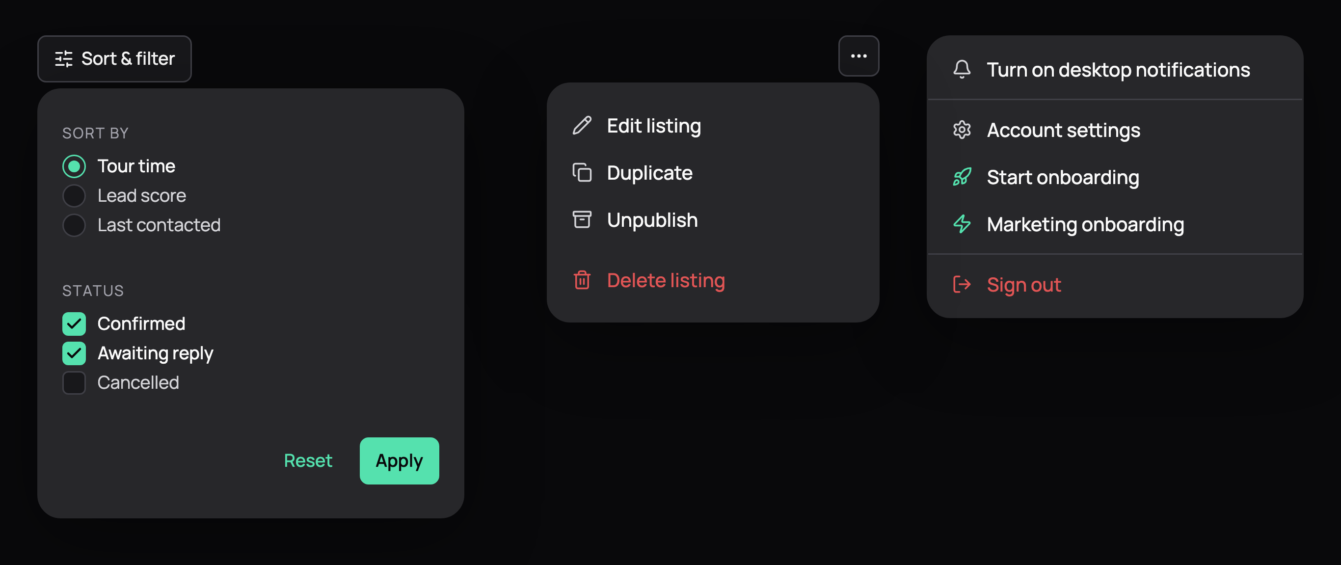 A sort and filter popover with radios, checkboxes and Apply, a listing action menu with a destructive delete, and an account menu, in dark mode