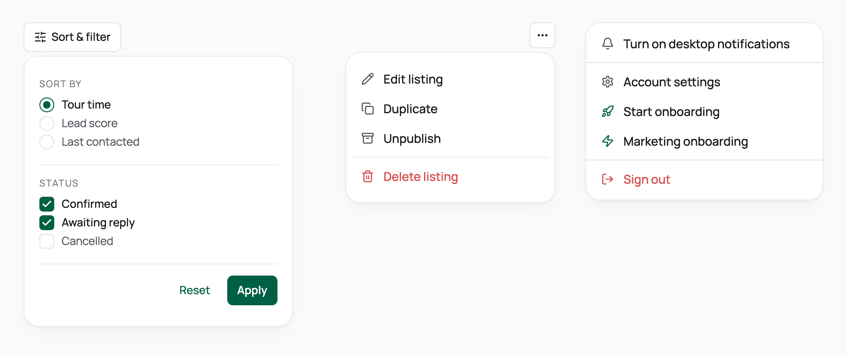 A sort and filter popover with radios, checkboxes and Apply, a listing action menu with a destructive delete, and an account menu.