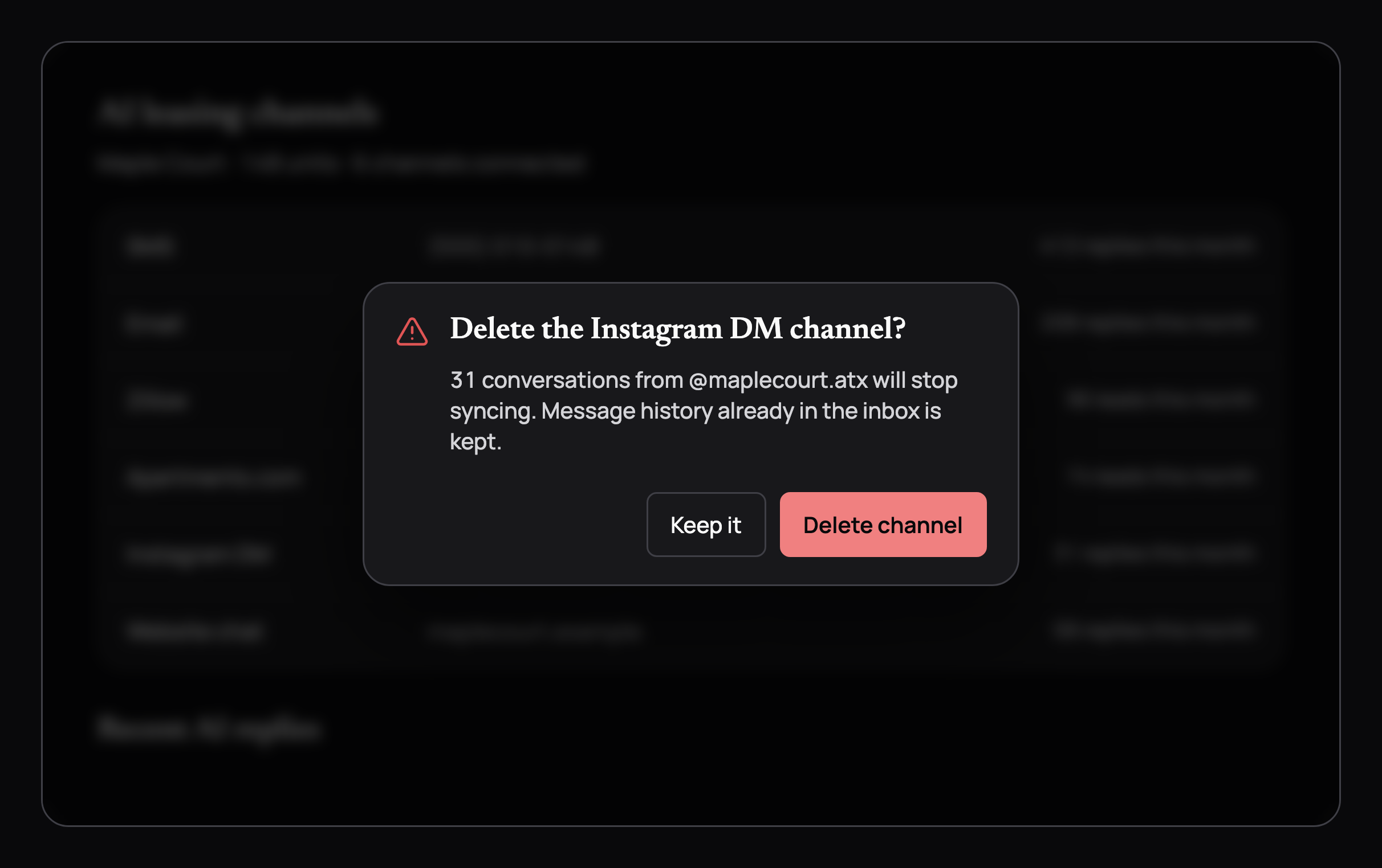 A danger confirm dialog asking to delete the Instagram DM channel, floating over a blurred channel list with Keep it and Delete channel buttons, in dark mode