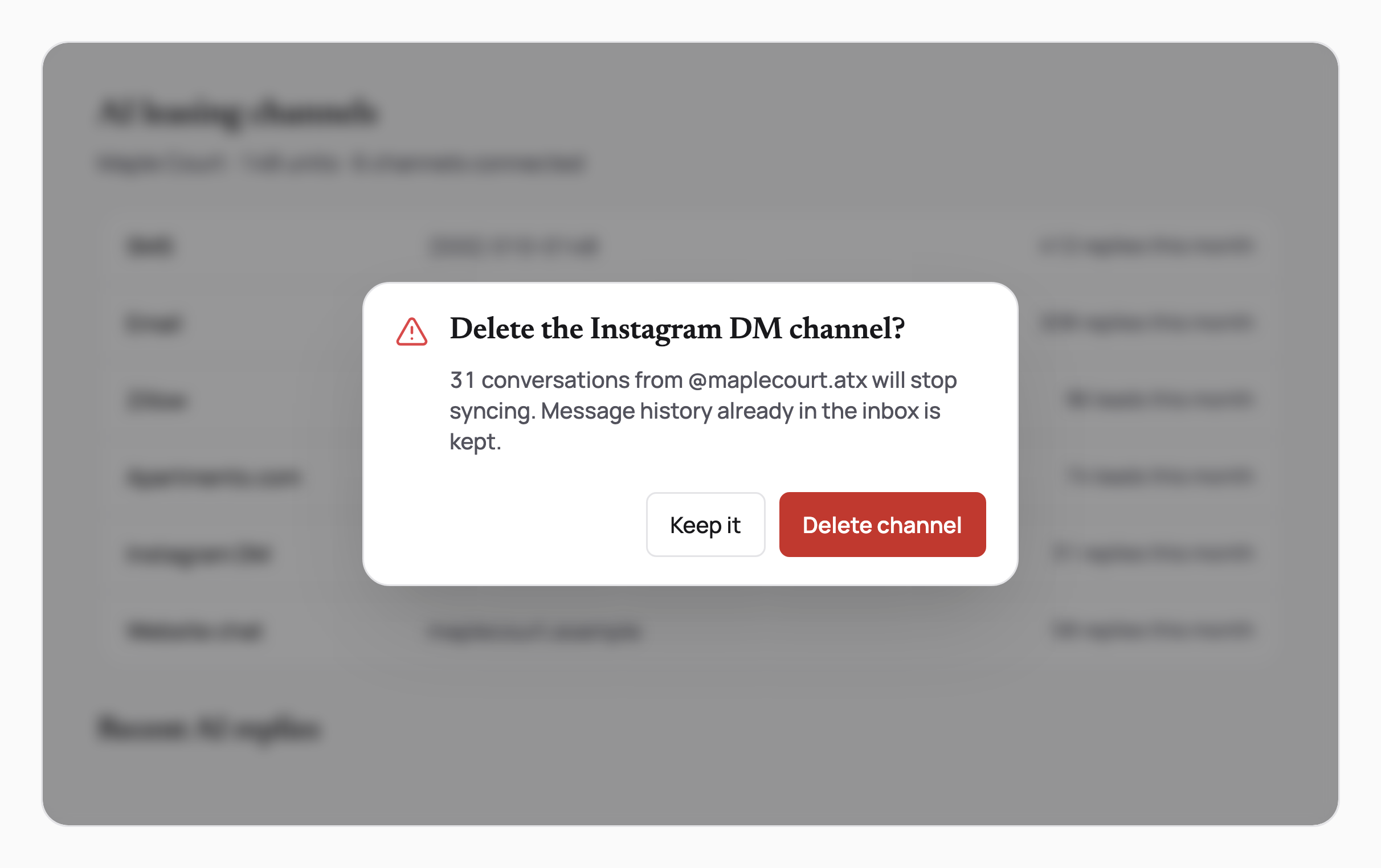 A danger confirm dialog asking to delete the Instagram DM channel, floating over a blurred channel list with Keep it and Delete channel buttons.