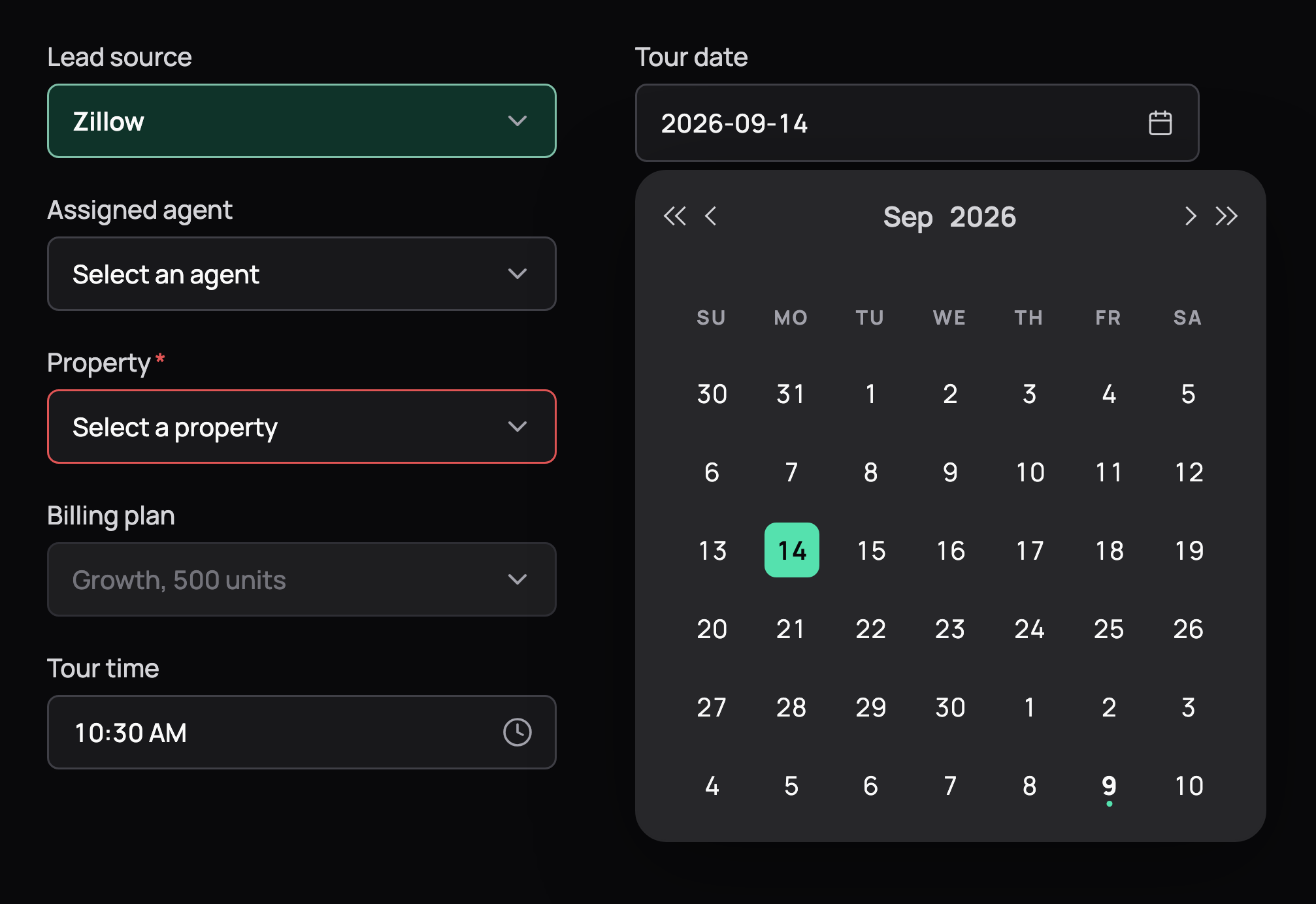 A lead source select, a tour time picker, select states (empty, required with error, disabled) and an open date picker calendar with the selected day in emerald, in dark mode