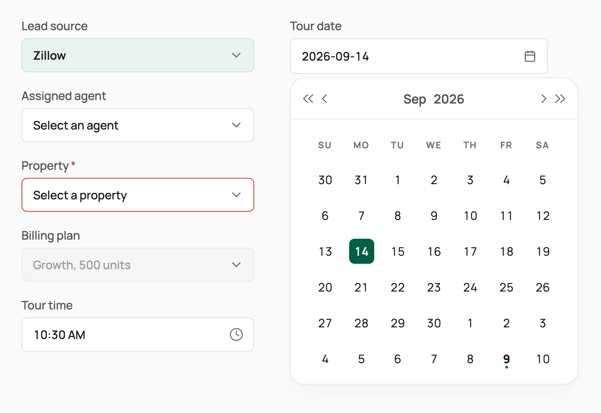 A lead source select, a tour time picker, select states (empty, required with error, disabled) and an open date picker calendar with the selected day in emerald.