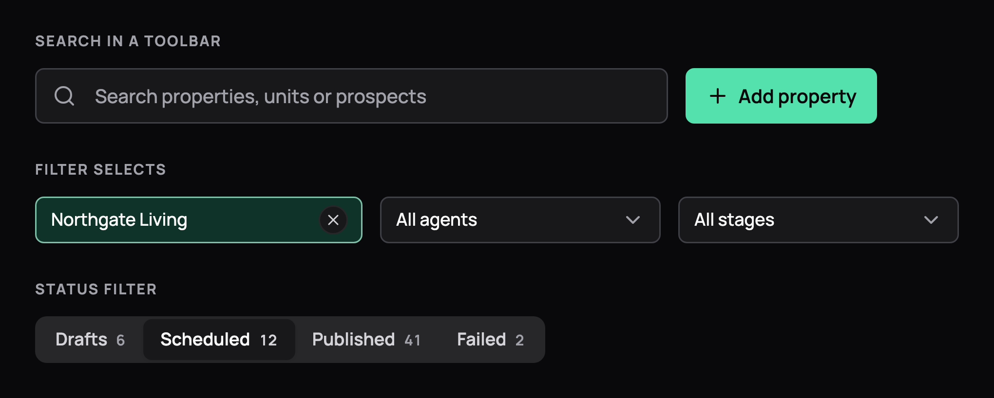 A search field beside an Add property button, a row of searchable filter selects with one applied, and a status filter with counts, in dark mode