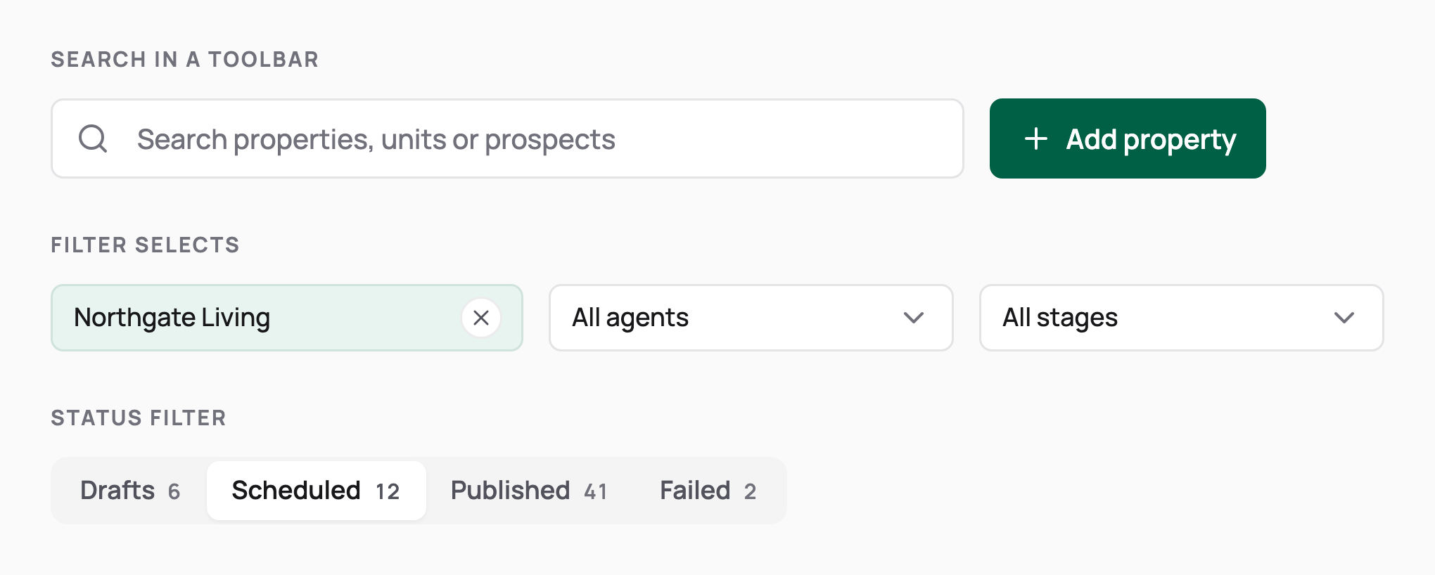 A search field beside an Add property button, a row of searchable filter selects with one applied, and a status filter with counts.