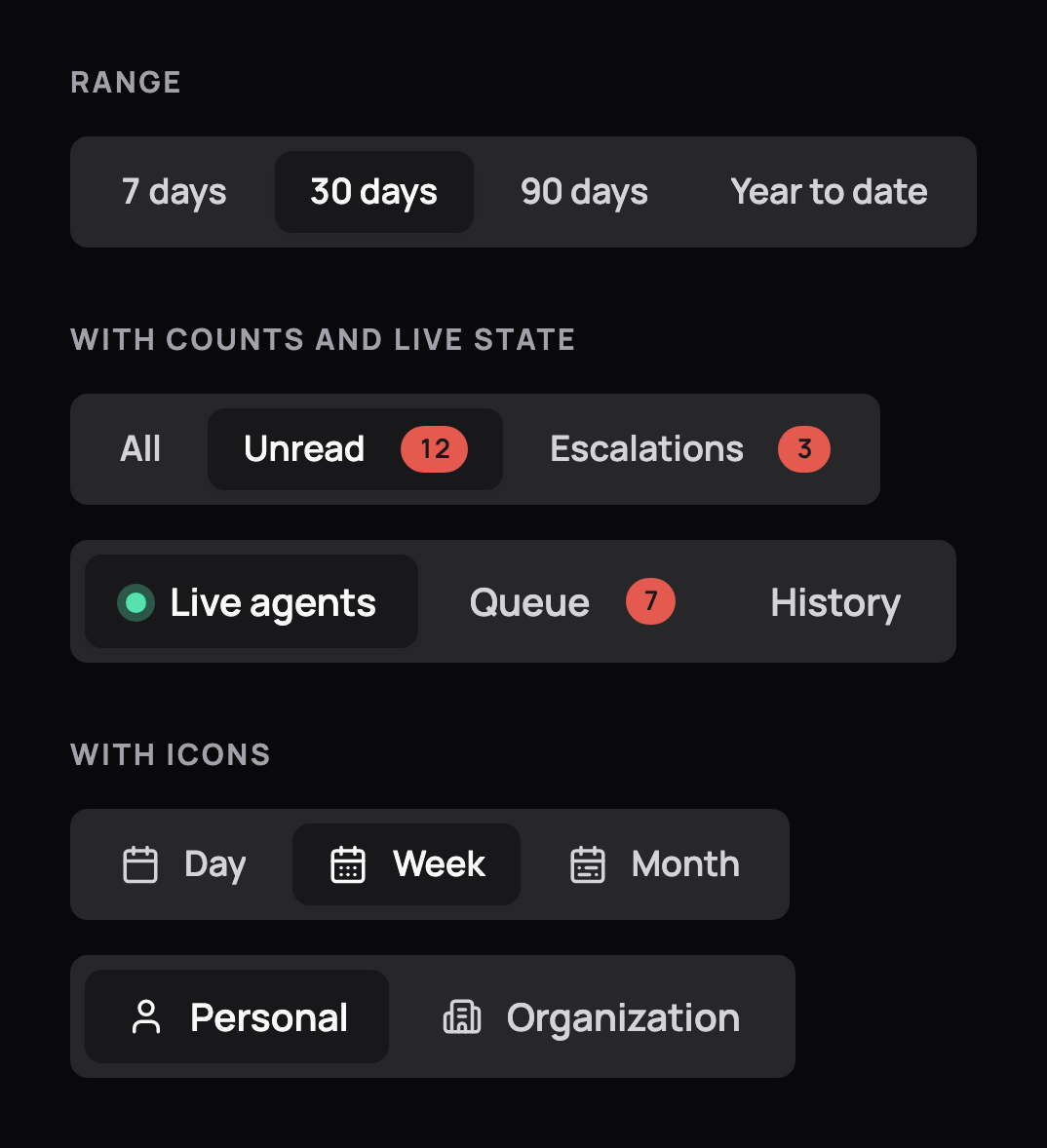 Segmented controls for a date range, inbox tabs with unread counts and a live dot, and a day, week, month switch with icons, in dark mode