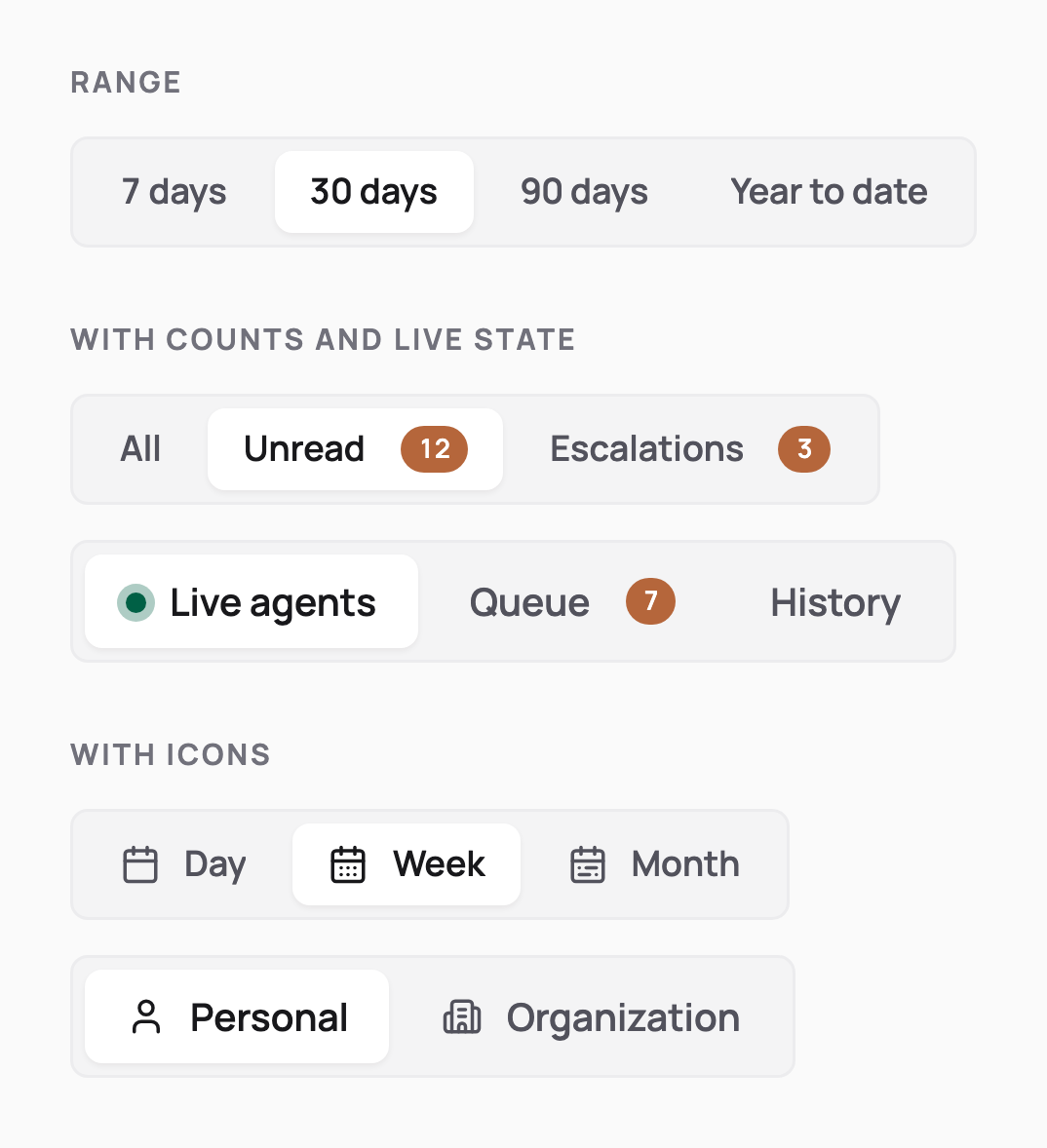 Segmented controls for a date range, inbox tabs with unread counts and a live dot, and a day, week, month switch with icons.