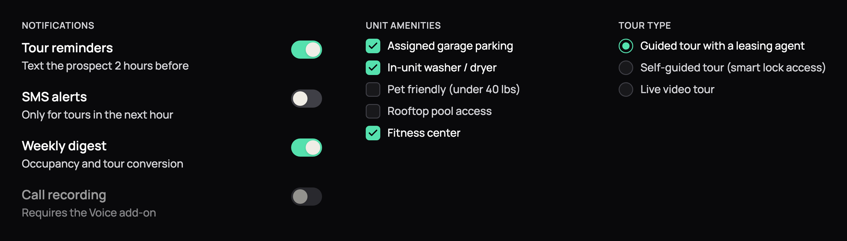 Selection controls: notification toggles with descriptions, an amenities checkbox group and a tour type radio group, in dark mode