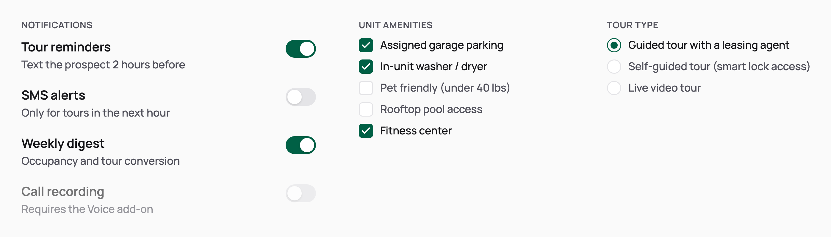 Selection controls: notification toggles with descriptions, an amenities checkbox group and a tour type radio group.