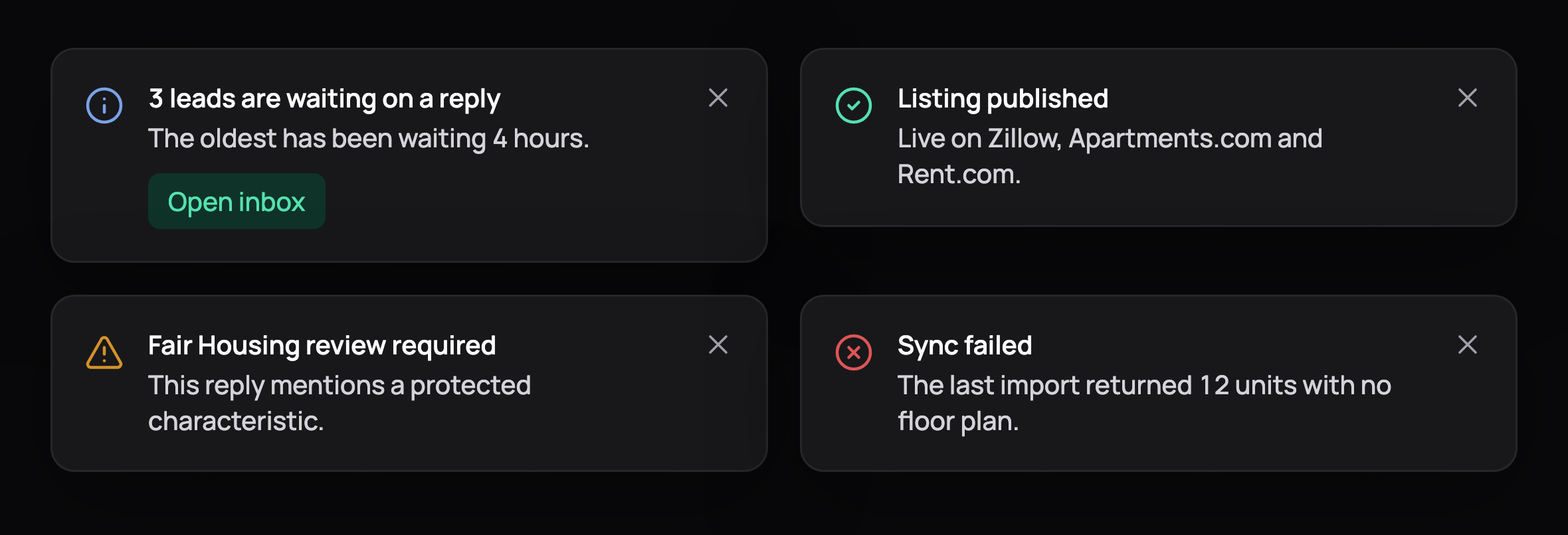 4 toasts: leads waiting on a reply with an Open inbox action, a Fair Housing review warning, a published listing and a failed sync, in dark mode